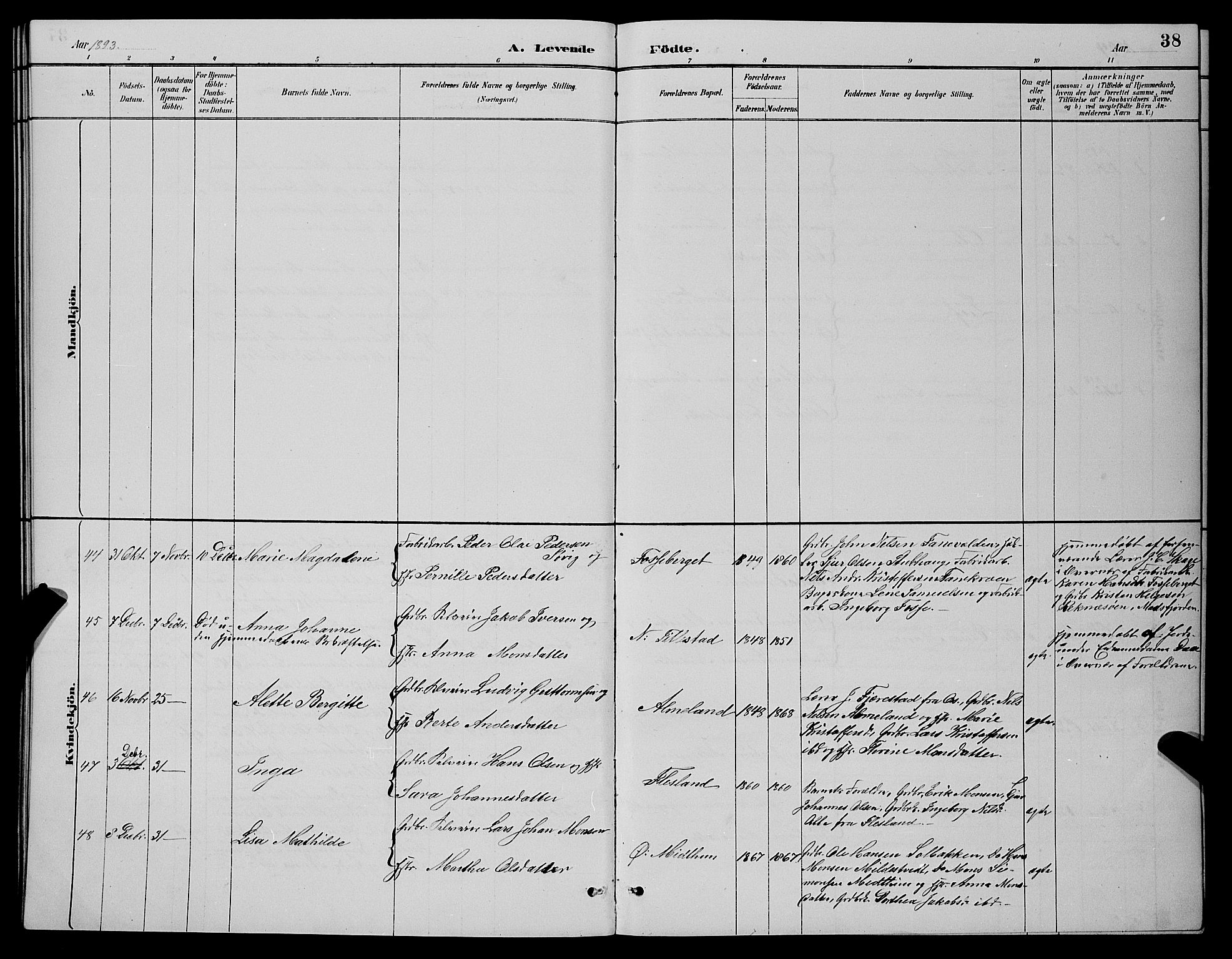 Fana Sokneprestembete, AV/SAB-A-75101/H/Hab/Haba/L0002: Parish register (copy) no. A 2, 1889-1895, p. 38