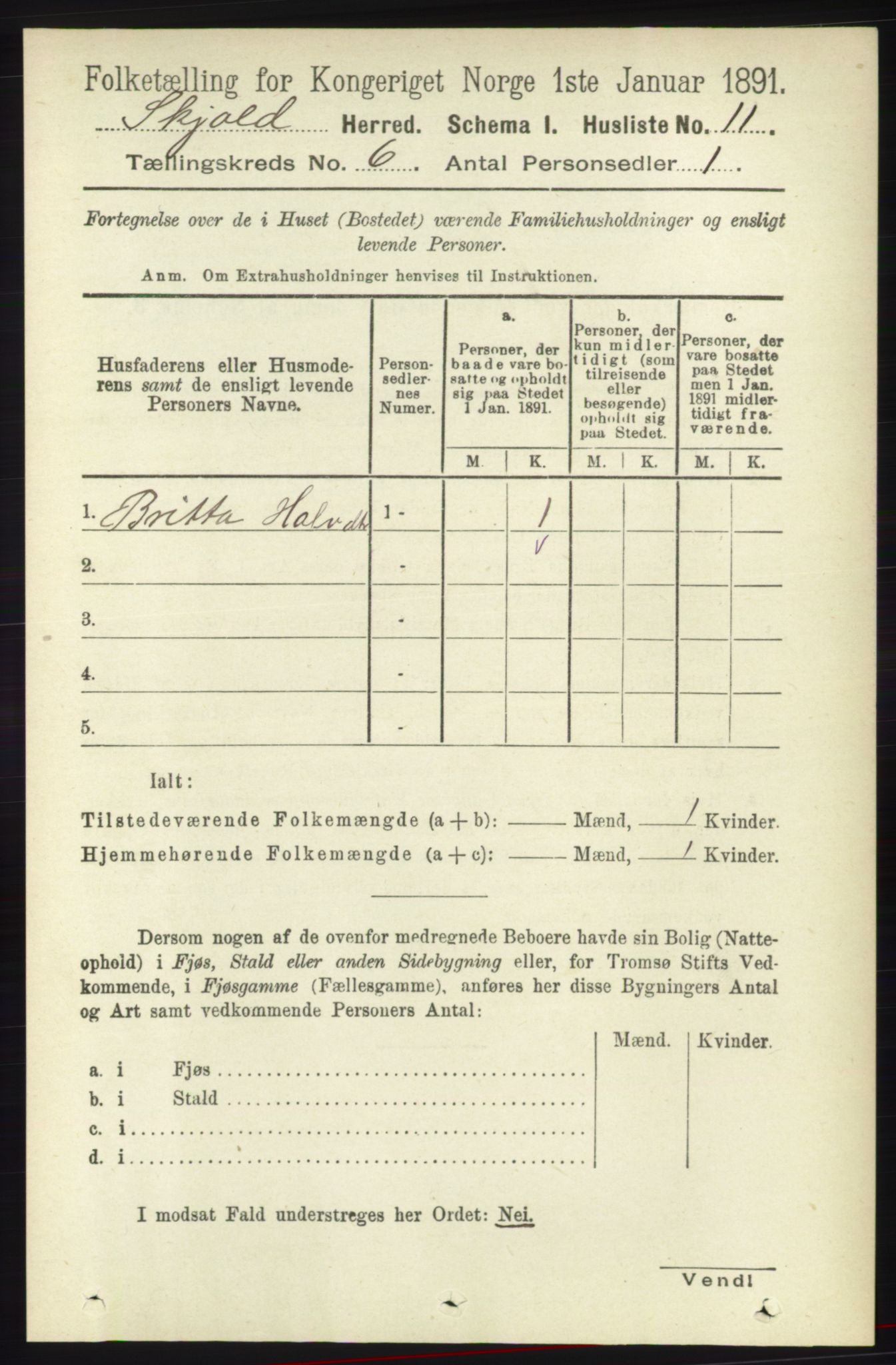 RA, 1891 census for 1154 Skjold, 1891, p. 960