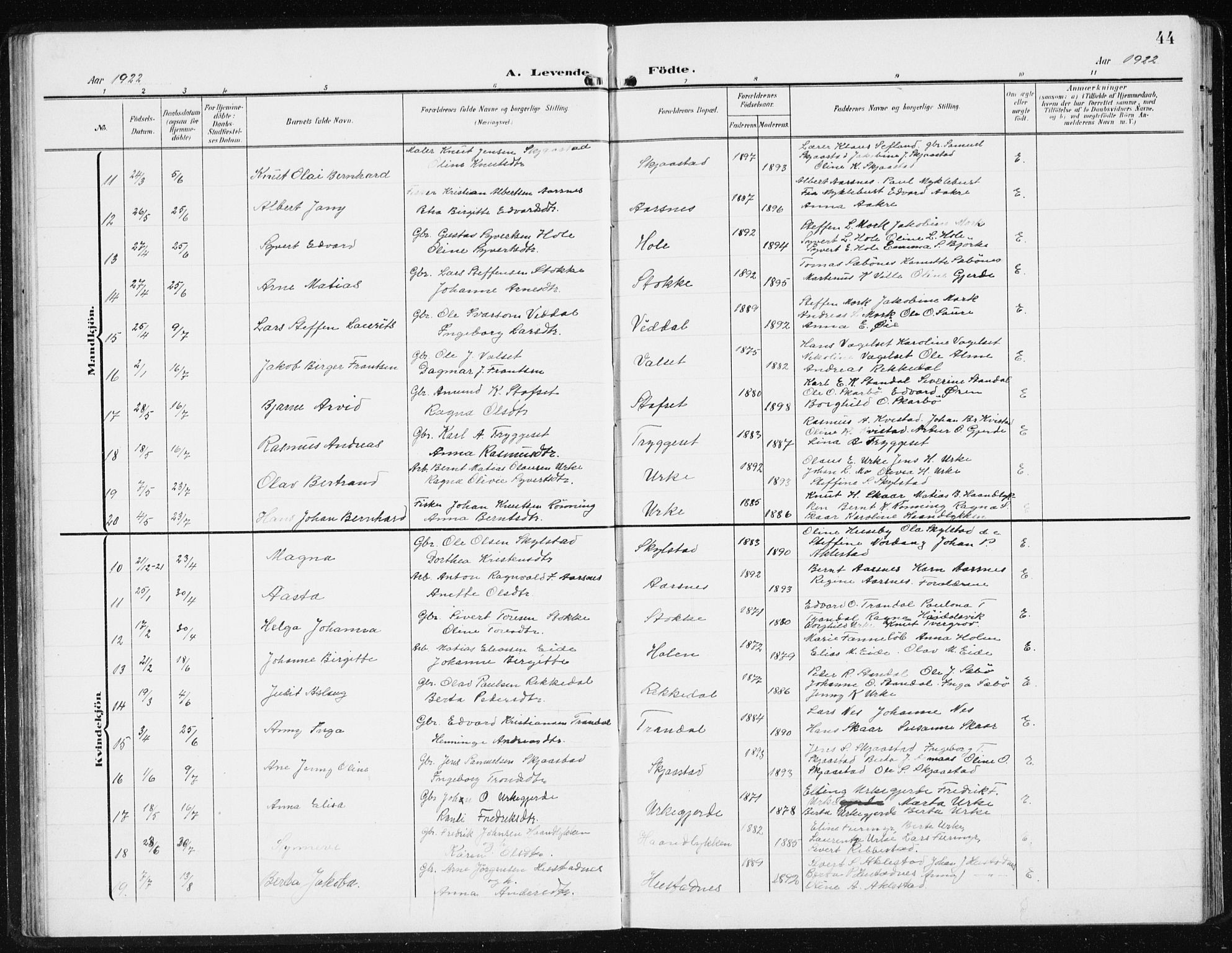 Ministerialprotokoller, klokkerbøker og fødselsregistre - Møre og Romsdal, AV/SAT-A-1454/515/L0216: Parish register (copy) no. 515C03, 1906-1941, p. 44