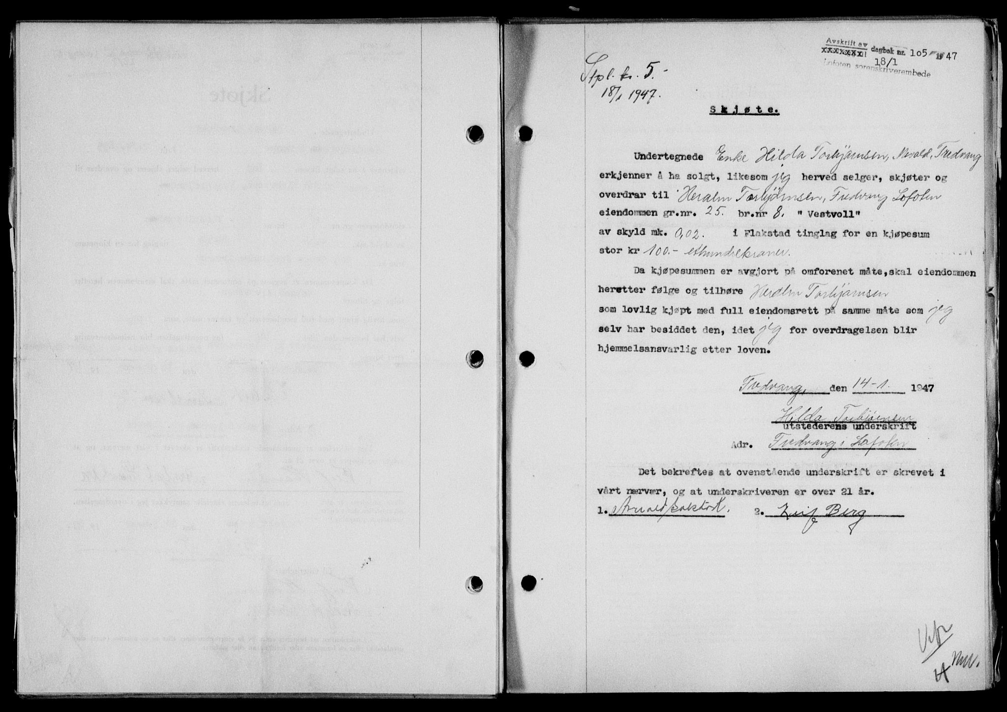 Lofoten sorenskriveri, SAT/A-0017/1/2/2C/L0015a: Mortgage book no. 15a, 1946-1947, Diary no: : 105/1947