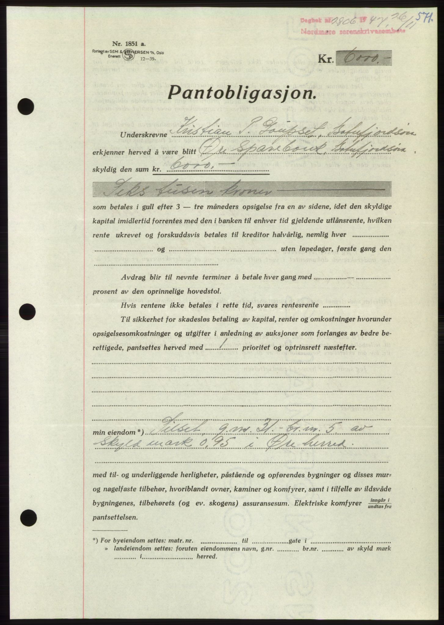 Nordmøre sorenskriveri, AV/SAT-A-4132/1/2/2Ca: Mortgage book no. B97, 1947-1948, Diary no: : 2806/1947