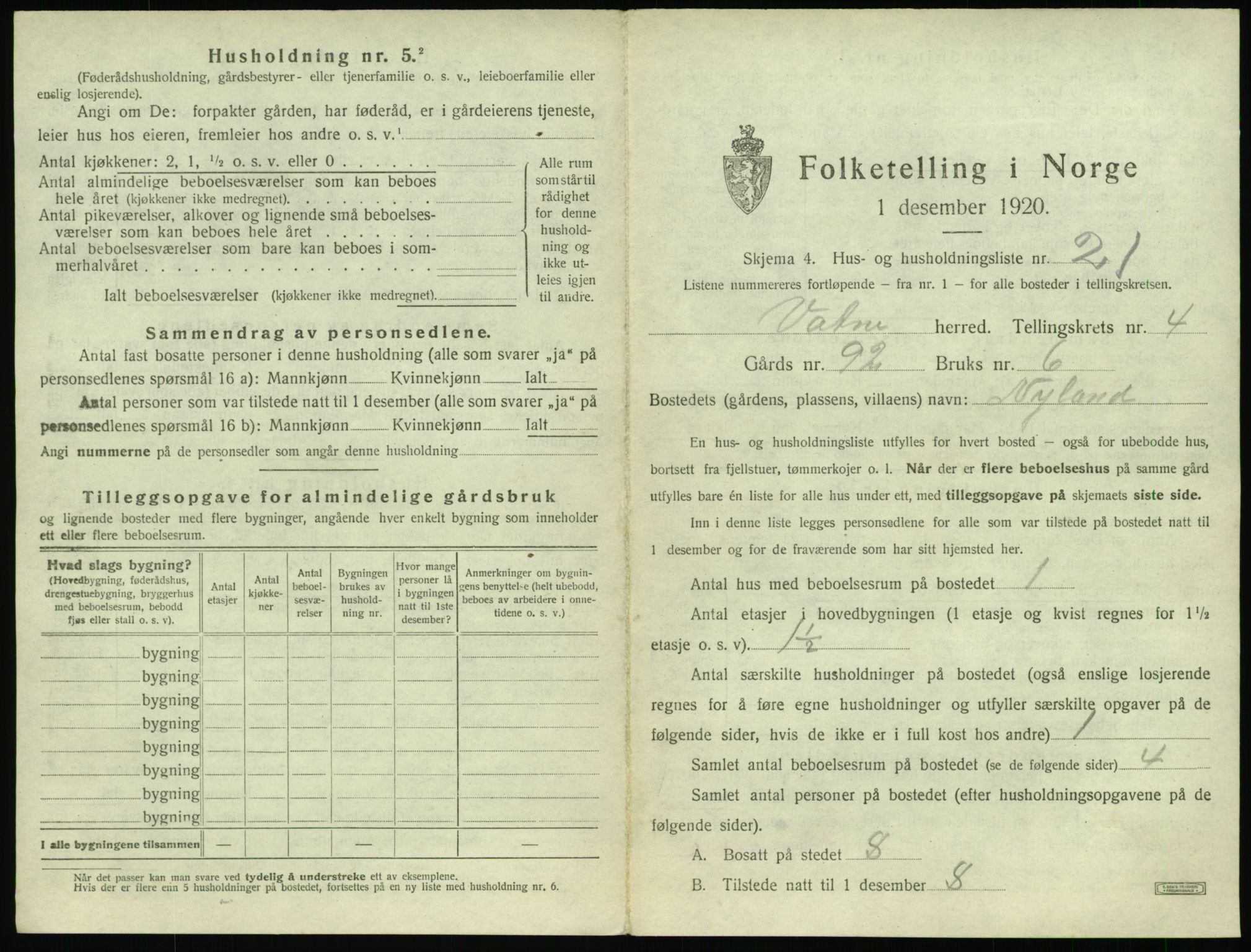 SAT, 1920 census for Vatne, 1920, p. 284