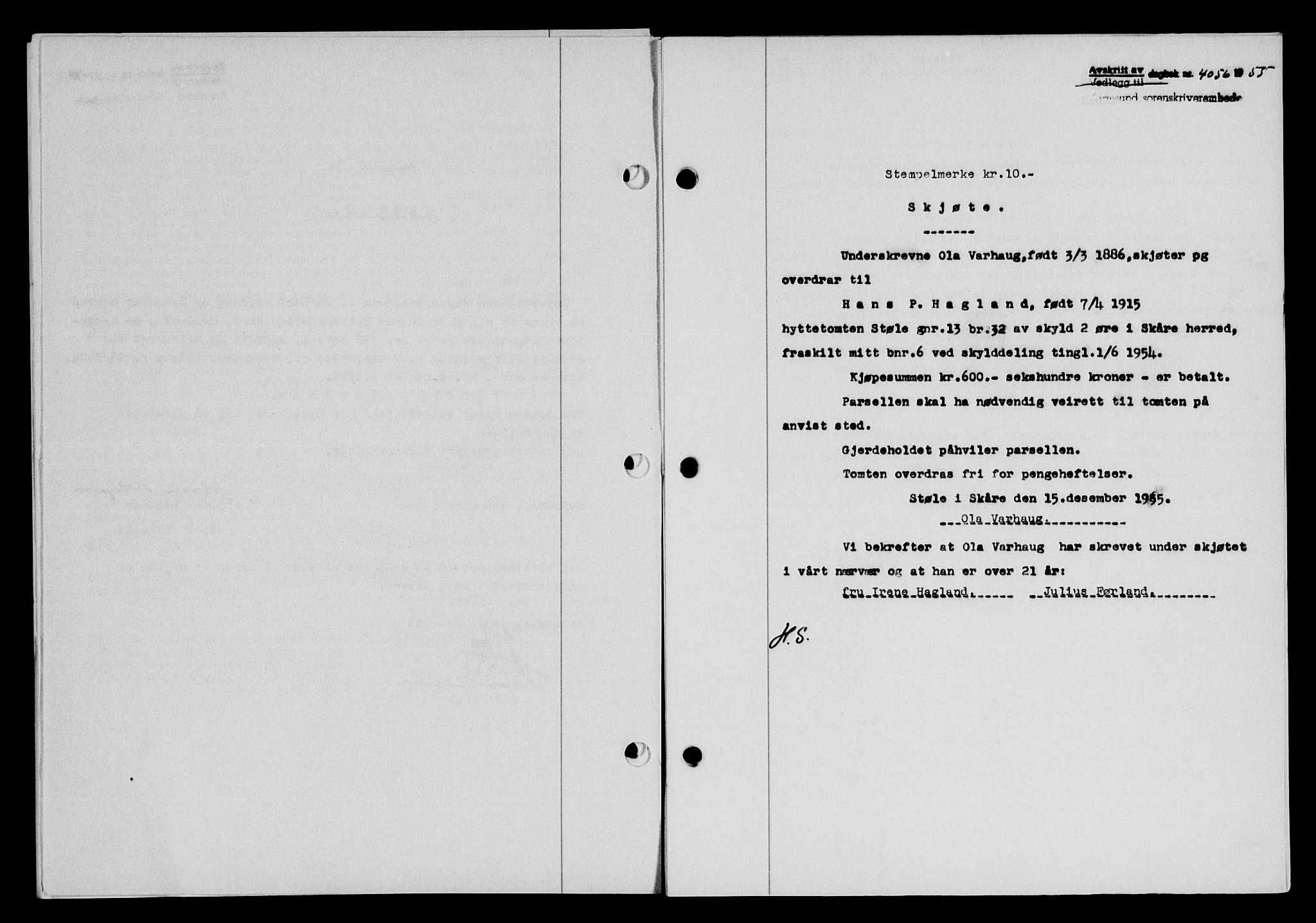 Karmsund sorenskriveri, AV/SAST-A-100311/01/II/IIB/L0118: Mortgage book no. 98A, 1955-1956, Diary no: : 4056/1955