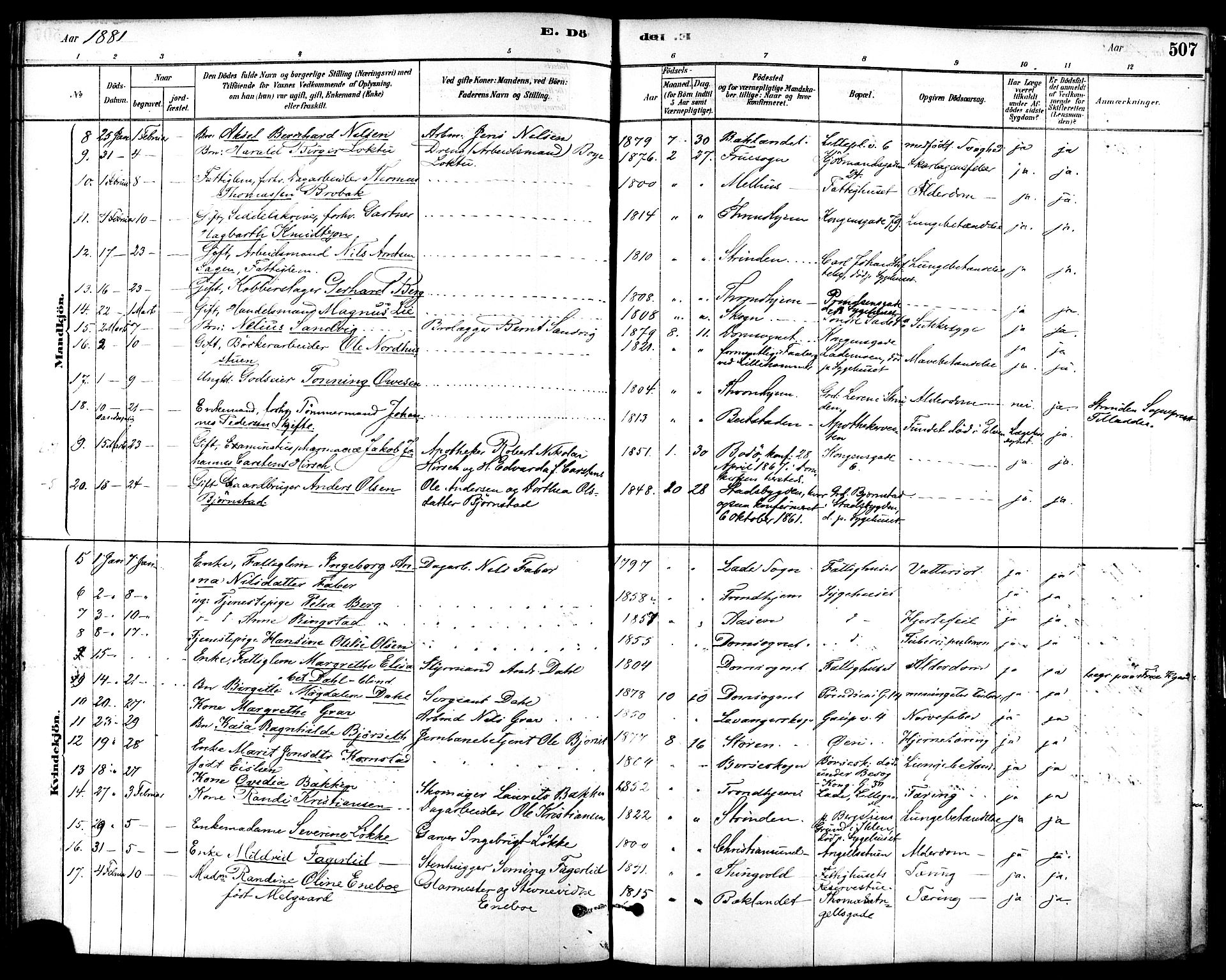Ministerialprotokoller, klokkerbøker og fødselsregistre - Sør-Trøndelag, SAT/A-1456/601/L0058: Parish register (official) no. 601A26, 1877-1891, p. 507
