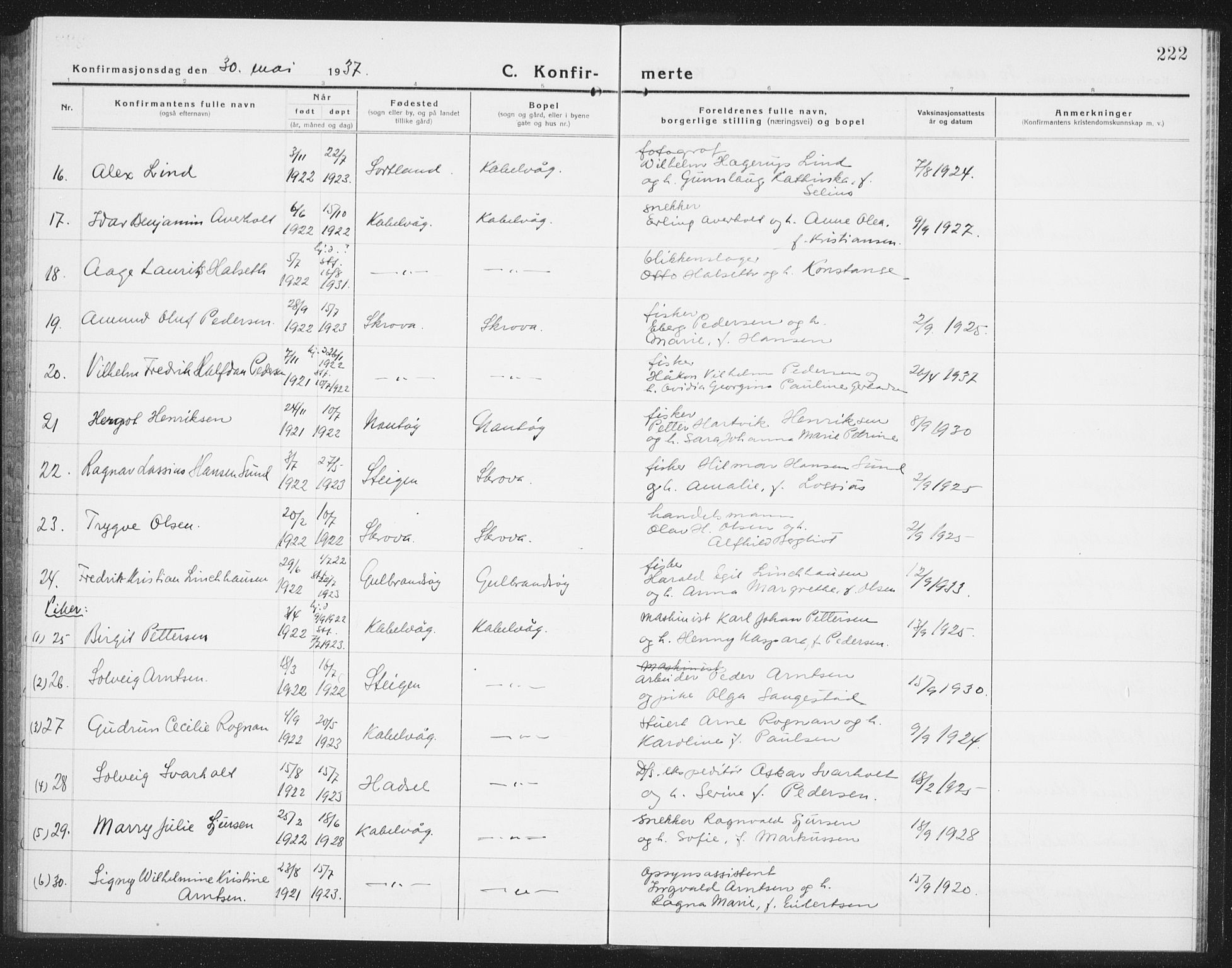 Ministerialprotokoller, klokkerbøker og fødselsregistre - Nordland, AV/SAT-A-1459/874/L1081: Parish register (copy) no. 874C10, 1925-1941, p. 222