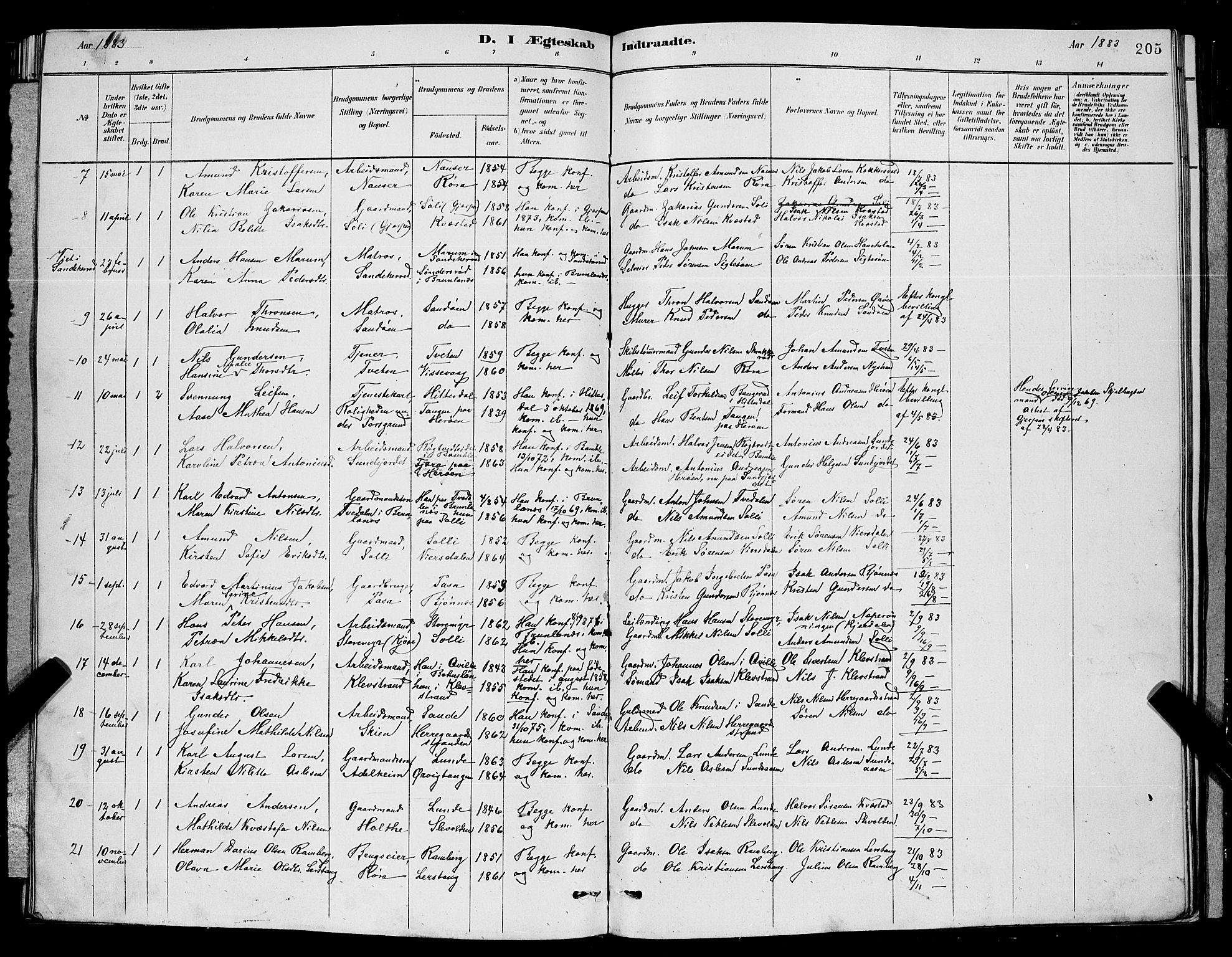 Eidanger kirkebøker, AV/SAKO-A-261/G/Ga/L0002: Parish register (copy) no. 2, 1879-1892, p. 205