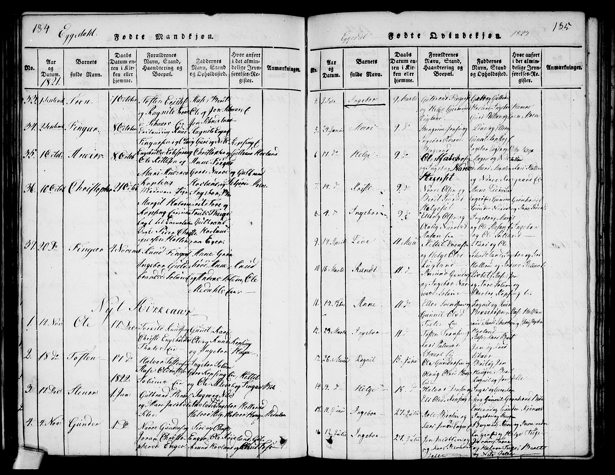 Sigdal kirkebøker, AV/SAKO-A-245/G/Ga/L0001: Parish register (copy) no. I 1 /2, 1816-1835, p. 184-185