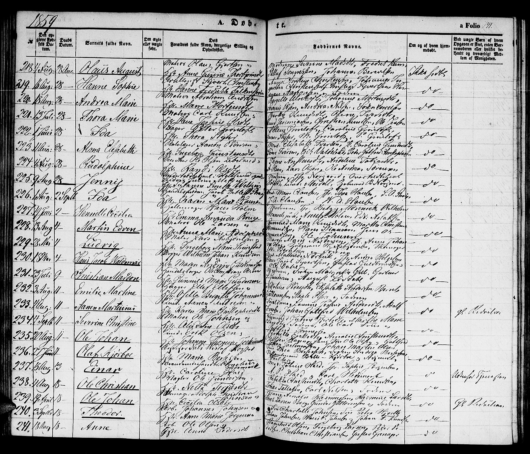 Kristiansand domprosti, SAK/1112-0006/F/Fb/L0011: Parish register (copy) no. B 11, 1851-1861, p. 141