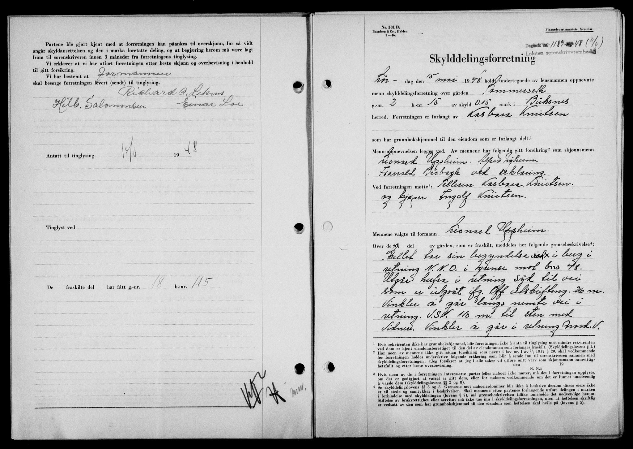 Lofoten sorenskriveri, SAT/A-0017/1/2/2C/L0018a: Mortgage book no. 18a, 1948-1948, Diary no: : 1189/1948
