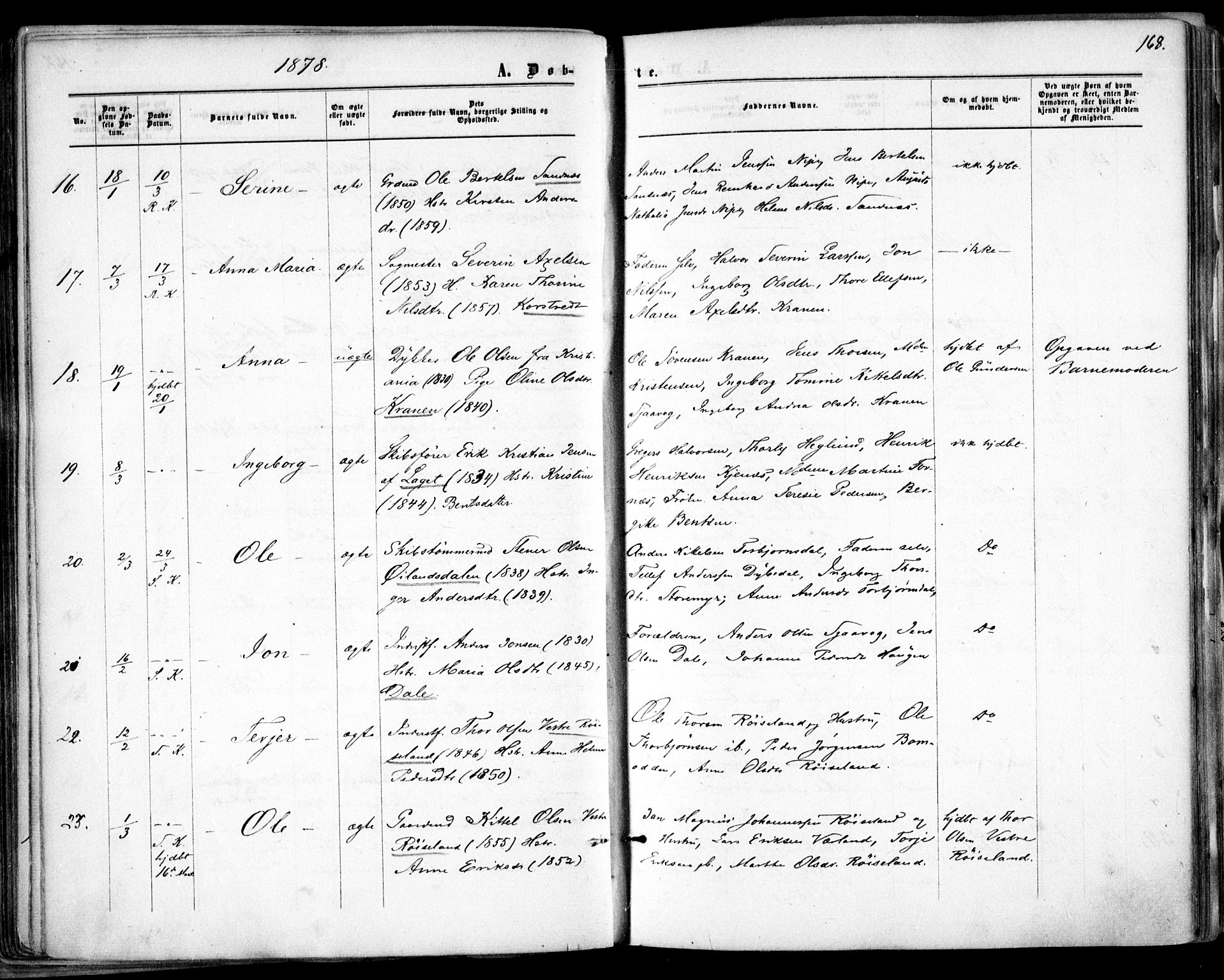 Søndeled sokneprestkontor, SAK/1111-0038/F/Fa/L0003: Parish register (official) no. A 3, 1861-1879, p. 168