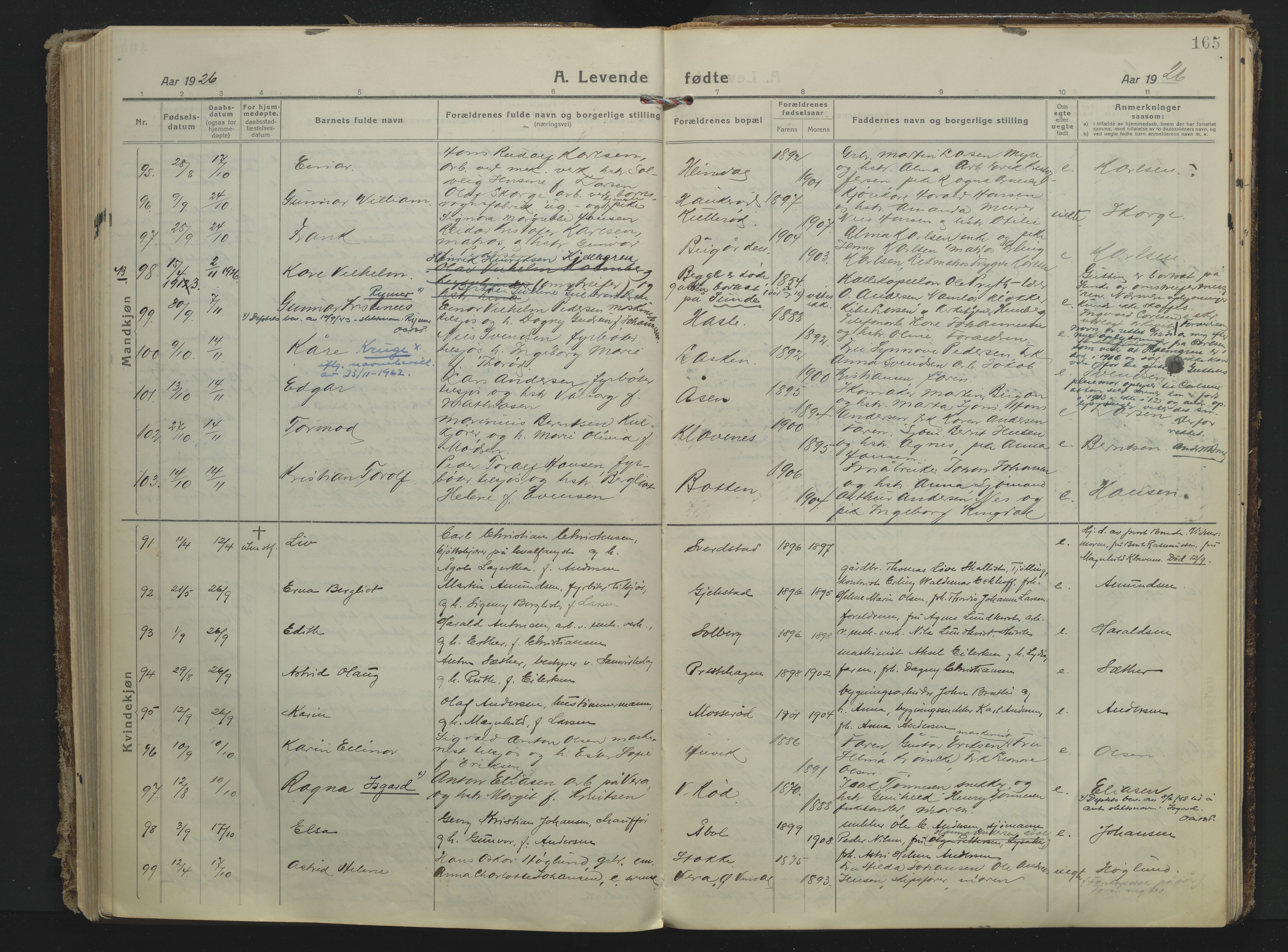 Sandar kirkebøker, AV/SAKO-A-243/F/Fa/L0022: Parish register (official) no. 22, 1919-1931, p. 165