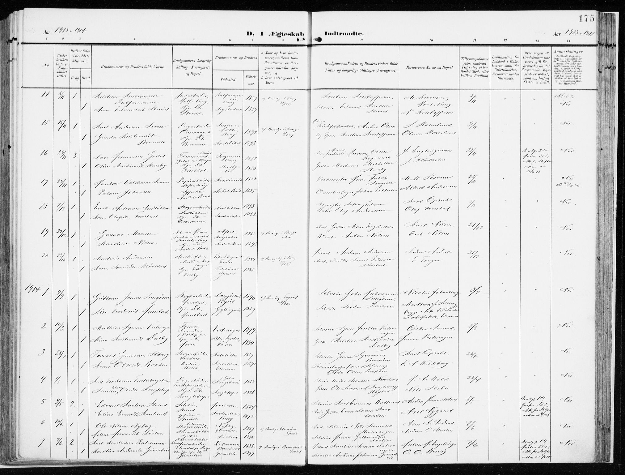 Løten prestekontor, SAH/PREST-022/K/Ka/L0011: Parish register (official) no. 11, 1908-1917, p. 175