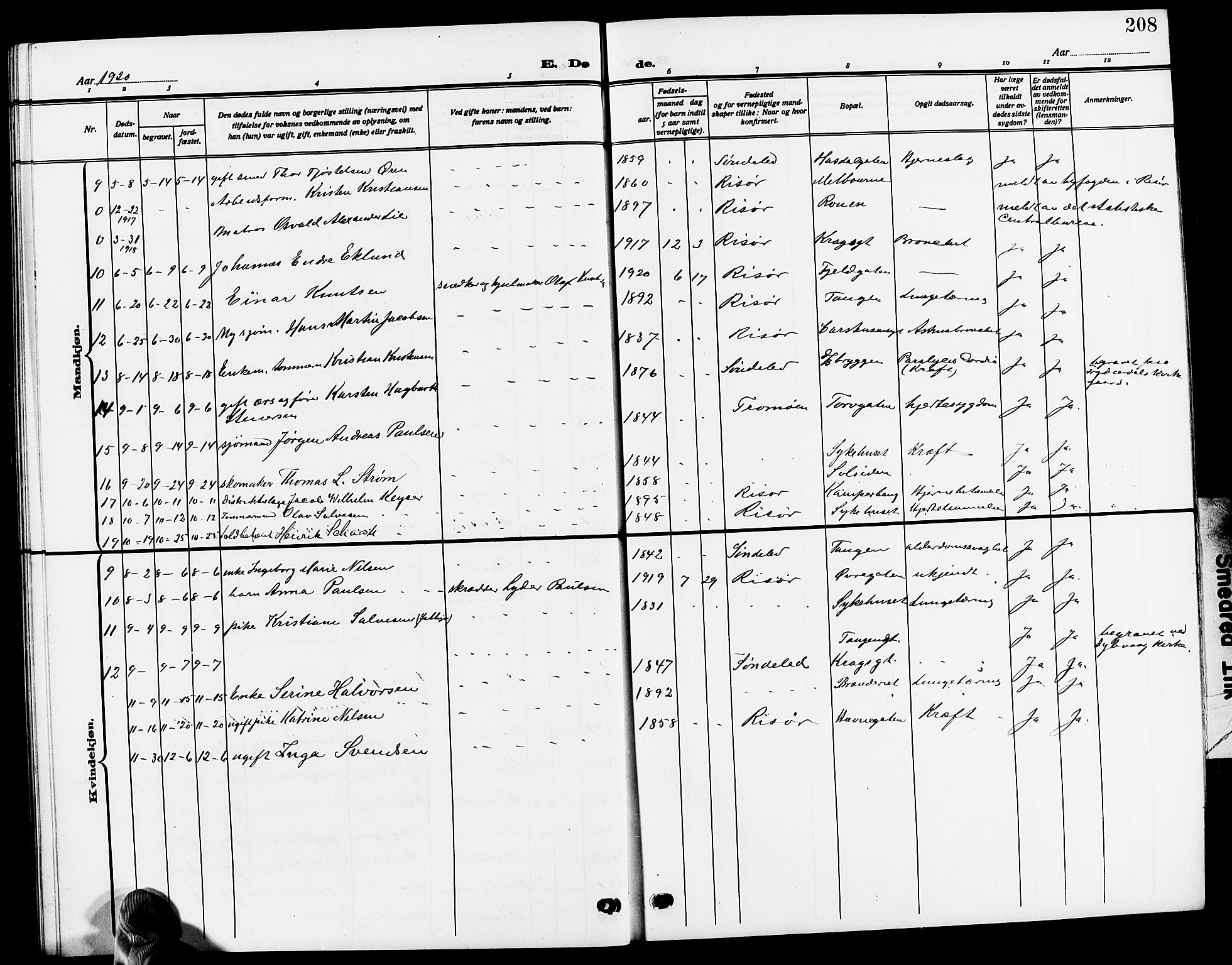Risør sokneprestkontor, SAK/1111-0035/F/Fb/L0008: Parish register (copy) no. B 8, 1909-1921, p. 208