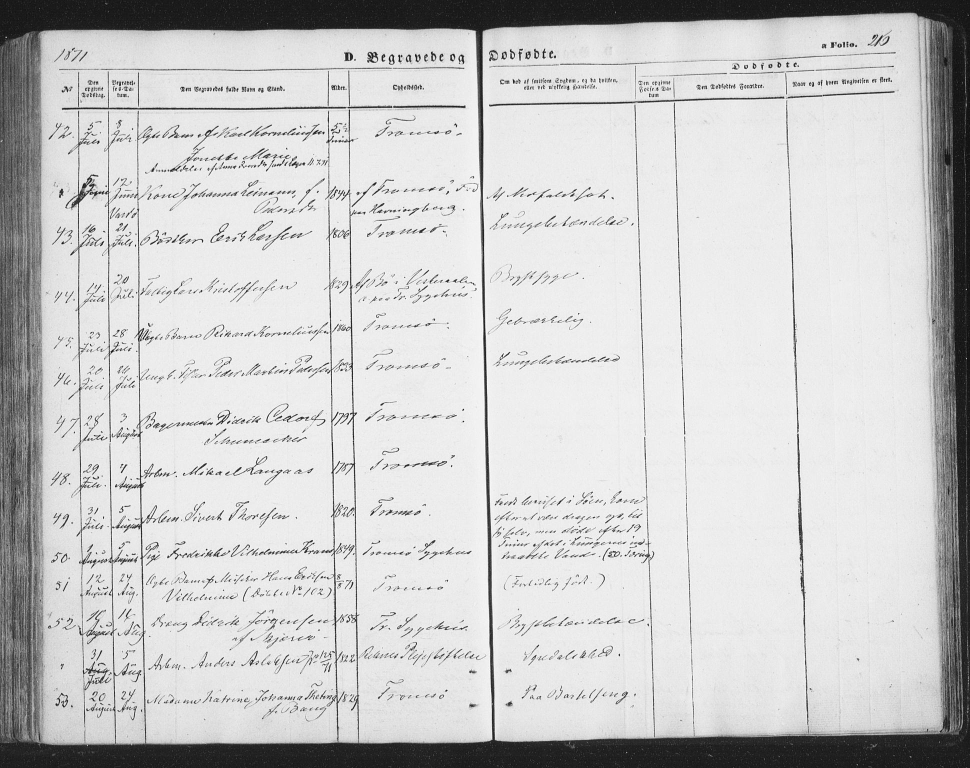 Tromsø sokneprestkontor/stiftsprosti/domprosti, AV/SATØ-S-1343/G/Ga/L0012kirke: Parish register (official) no. 12, 1865-1871, p. 216