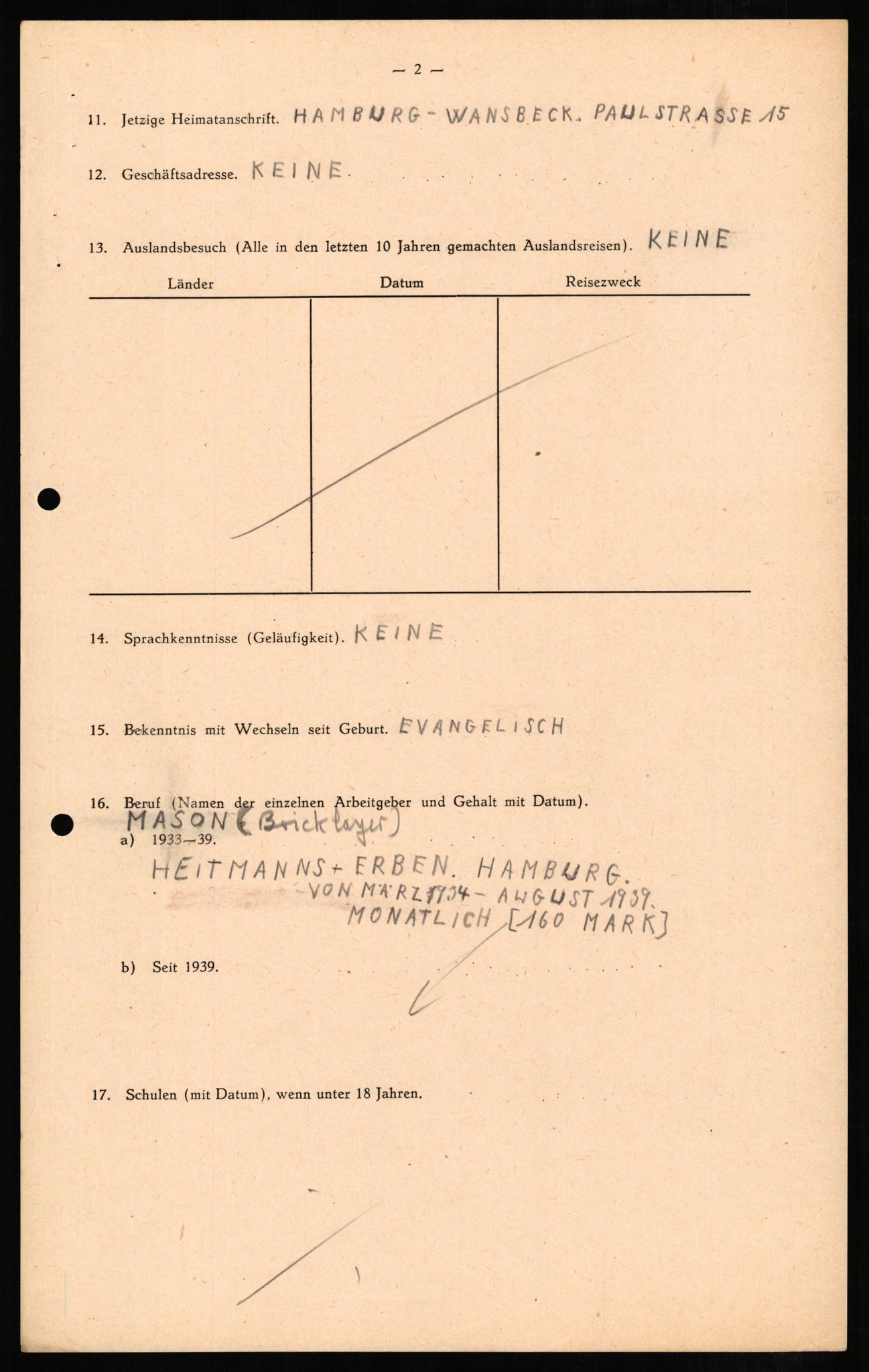 Forsvaret, Forsvarets overkommando II, RA/RAFA-3915/D/Db/L0008: CI Questionaires. Tyske okkupasjonsstyrker i Norge. Tyskere., 1945-1946, p. 3