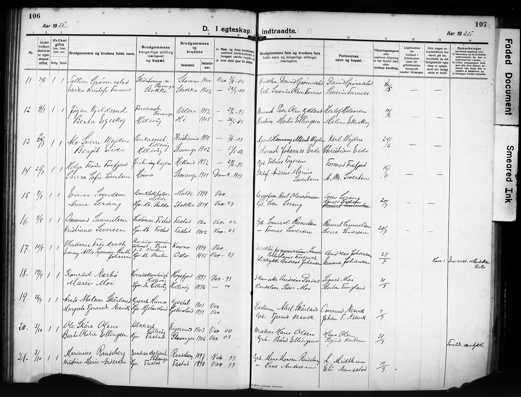 Hetland sokneprestkontor, SAST/A-101826/30/30BB/L0009: Parish register (copy) no. B 9, 1910-1931, p. 106-107