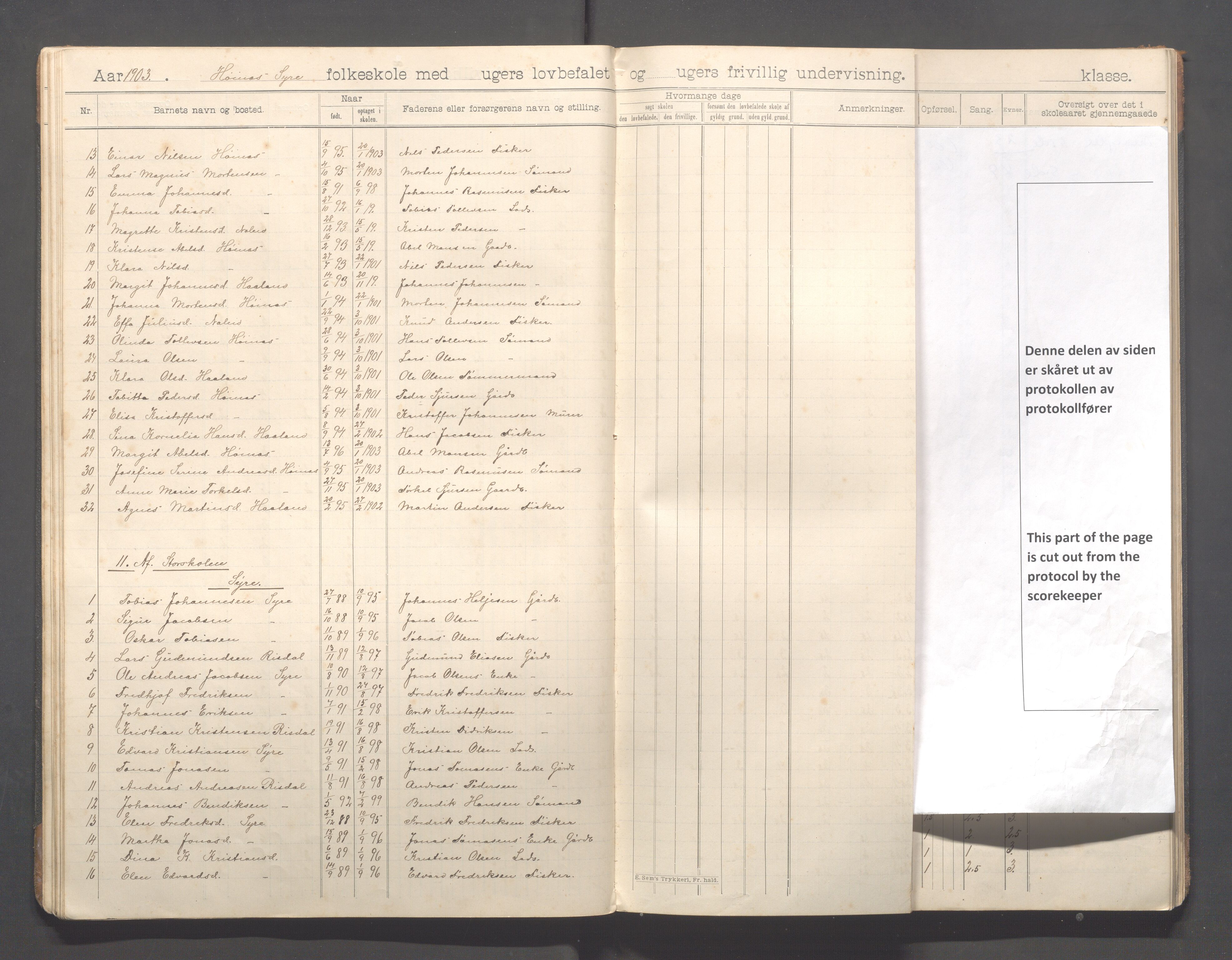 Skudenes kommune - Syre - Høynes skole, IKAR/A-307/H/L0006: Skoleprotokoll - Syre - Høynes 3.-5.kl., 1900-1916, p. 23