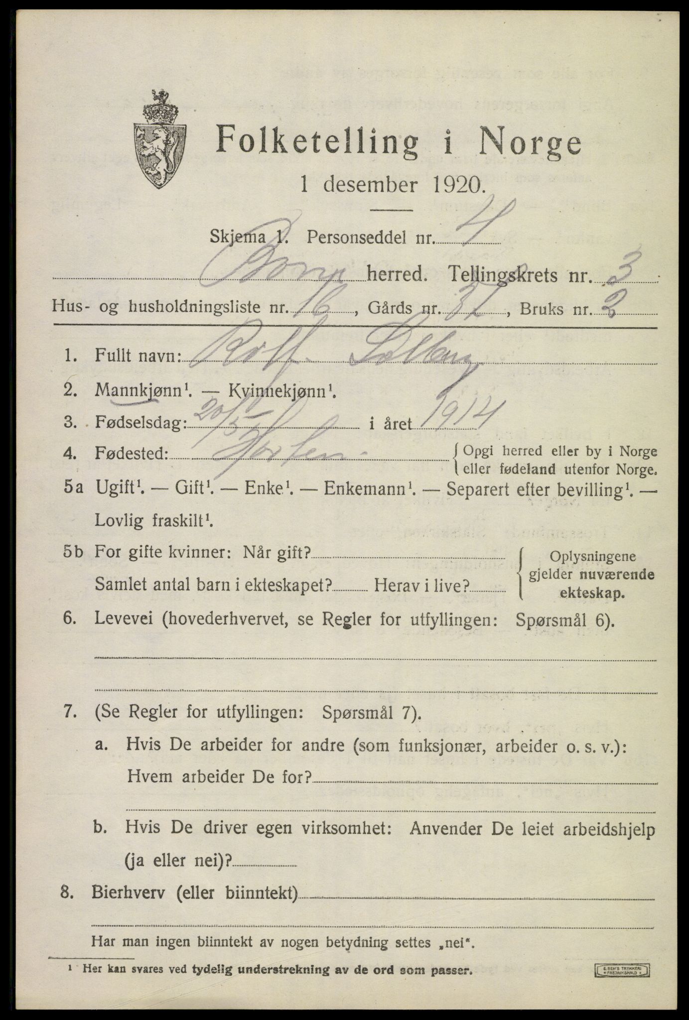 SAKO, 1920 census for Borre, 1920, p. 6212