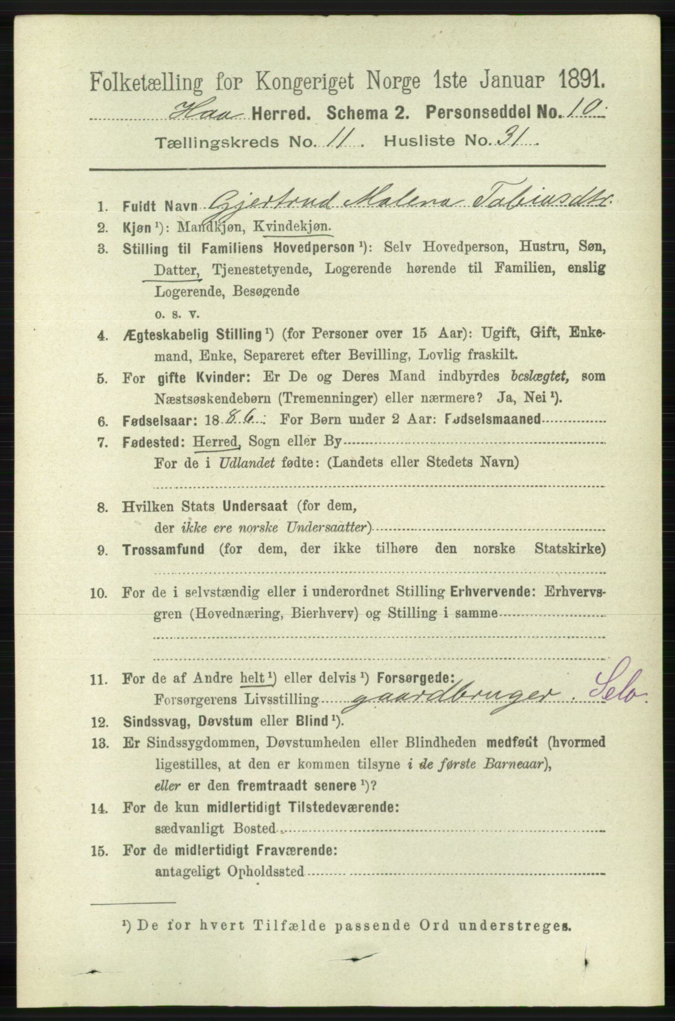 RA, 1891 census for 1119 Hå, 1891, p. 2822