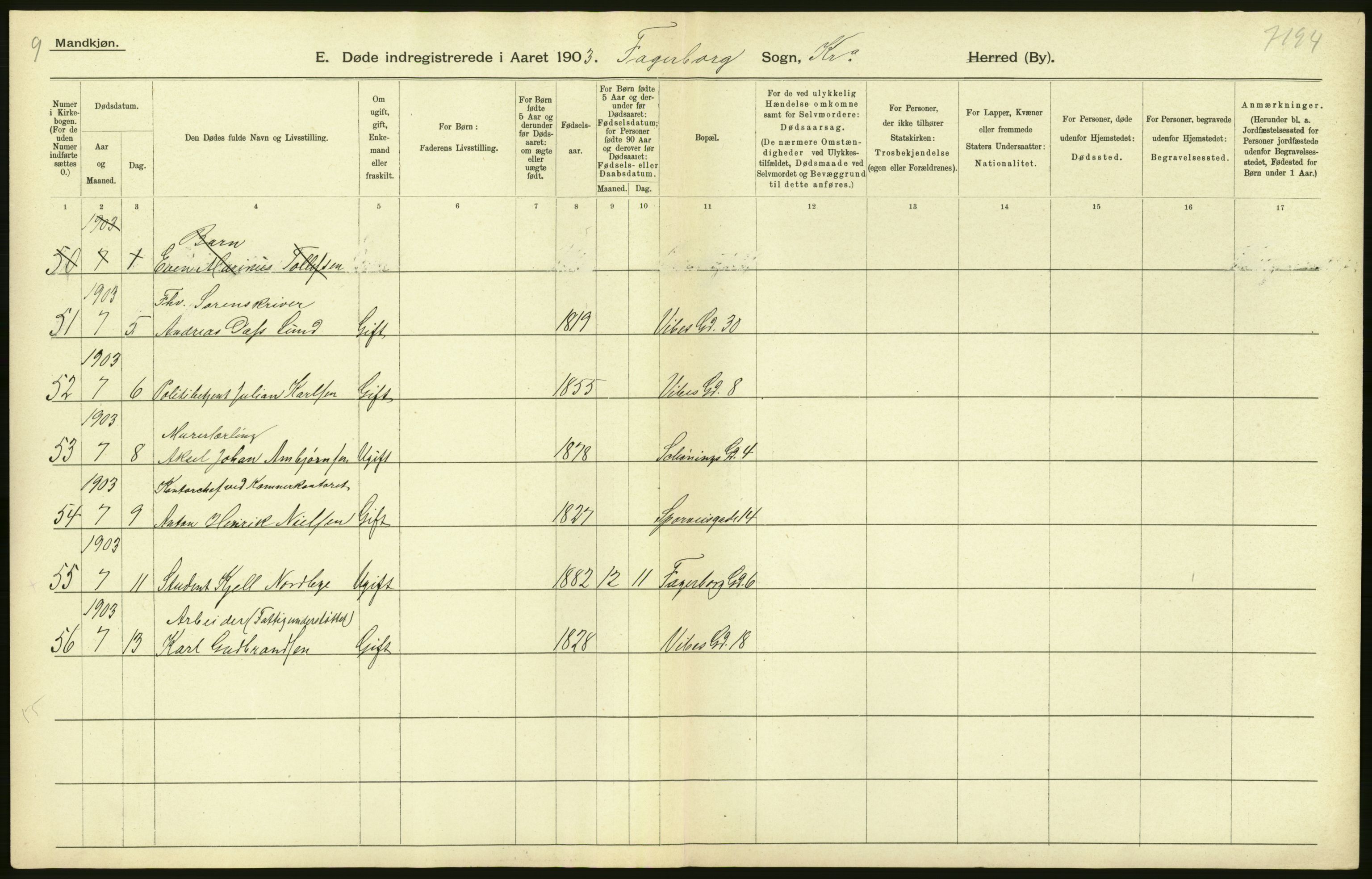 Statistisk sentralbyrå, Sosiodemografiske emner, Befolkning, AV/RA-S-2228/D/Df/Dfa/Dfaa/L0004: Kristiania: Gifte, døde, 1903, p. 20