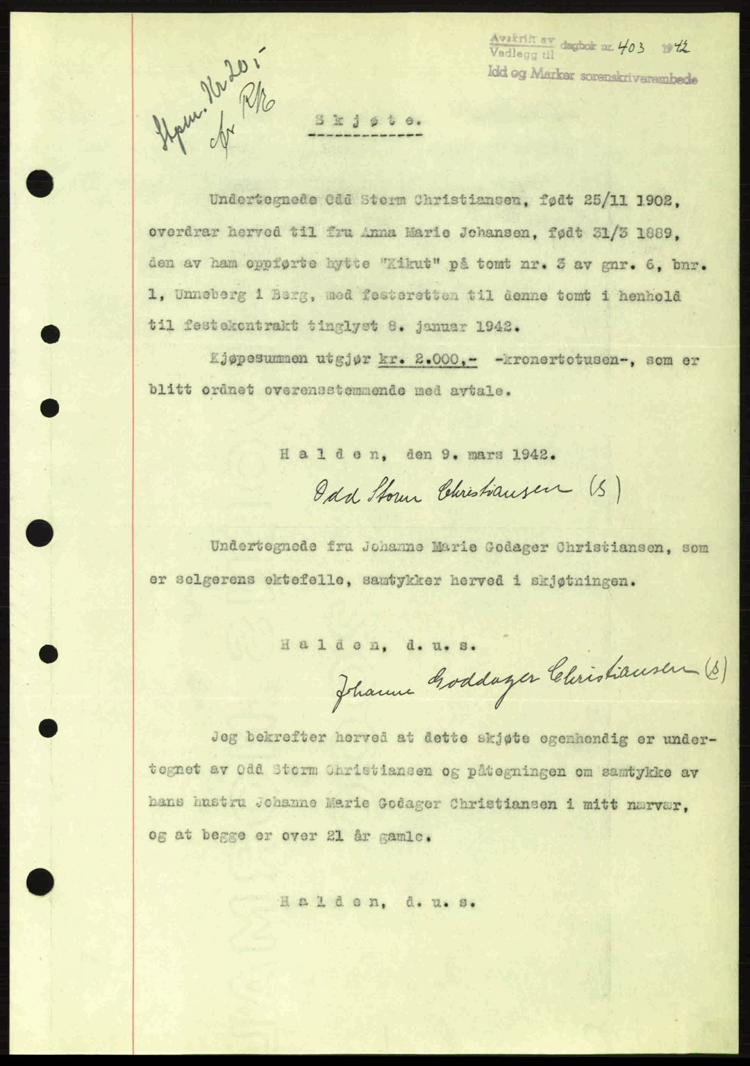 Idd og Marker sorenskriveri, AV/SAO-A-10283/G/Gb/Gbb/L0005: Mortgage book no. A5, 1941-1943, Diary no: : 403/1942