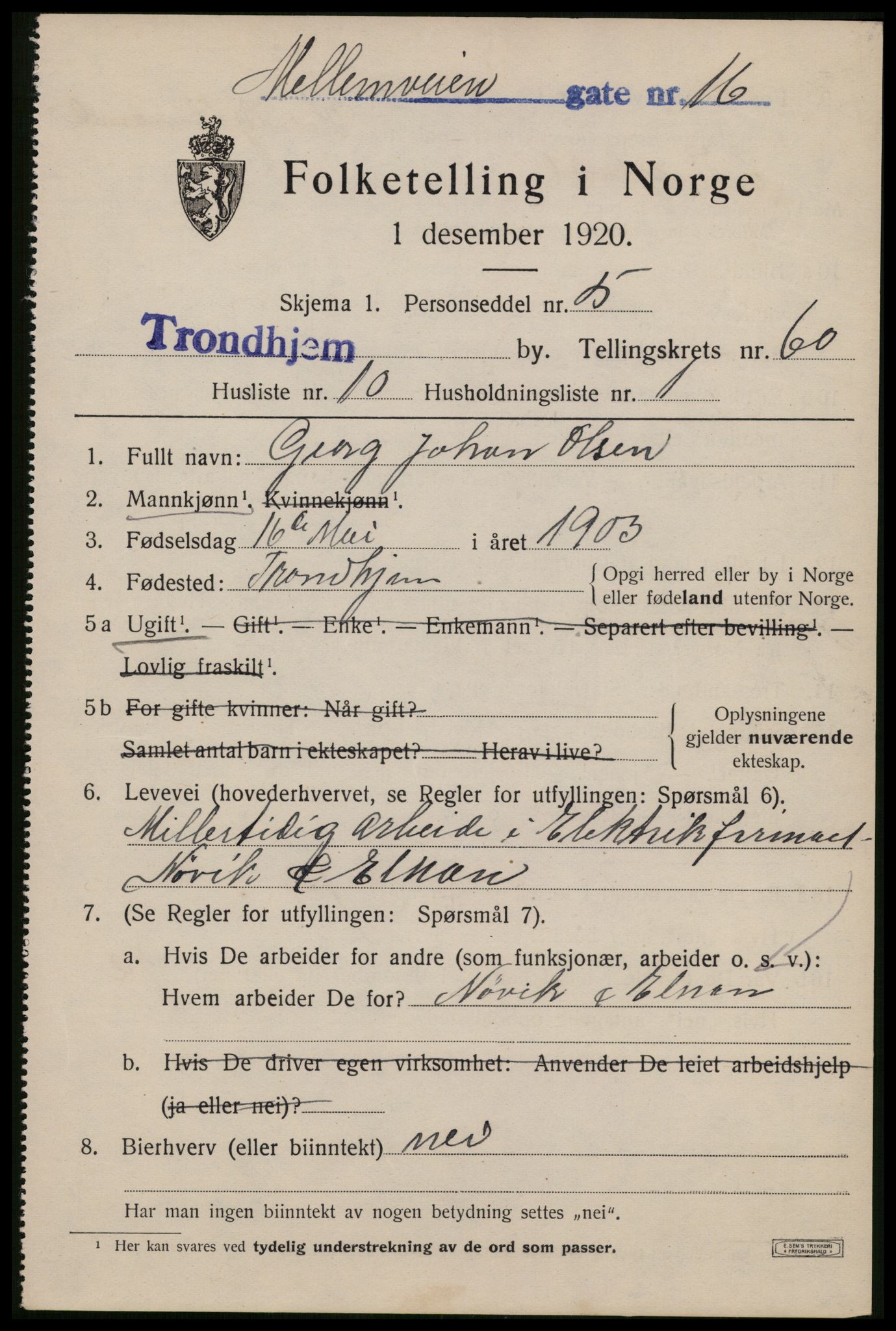 SAT, 1920 census for Trondheim, 1920, p. 121840