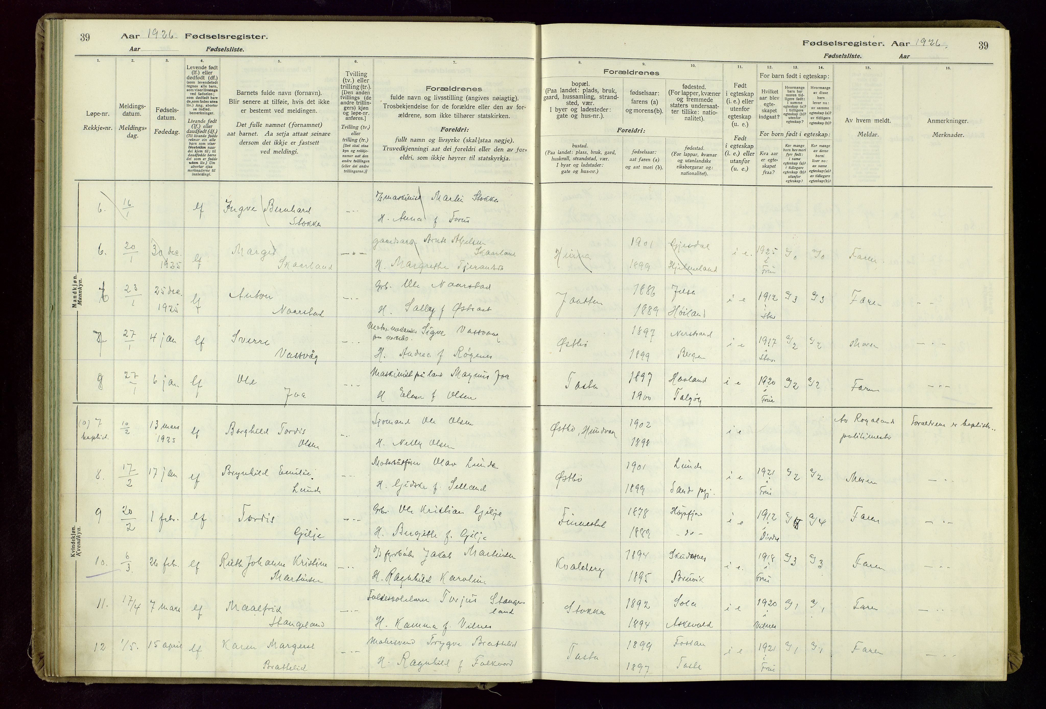 Hetland sokneprestkontor, AV/SAST-A-101826/70/704BA/L0004: Birth register no. 4, 1923-1937, p. 39