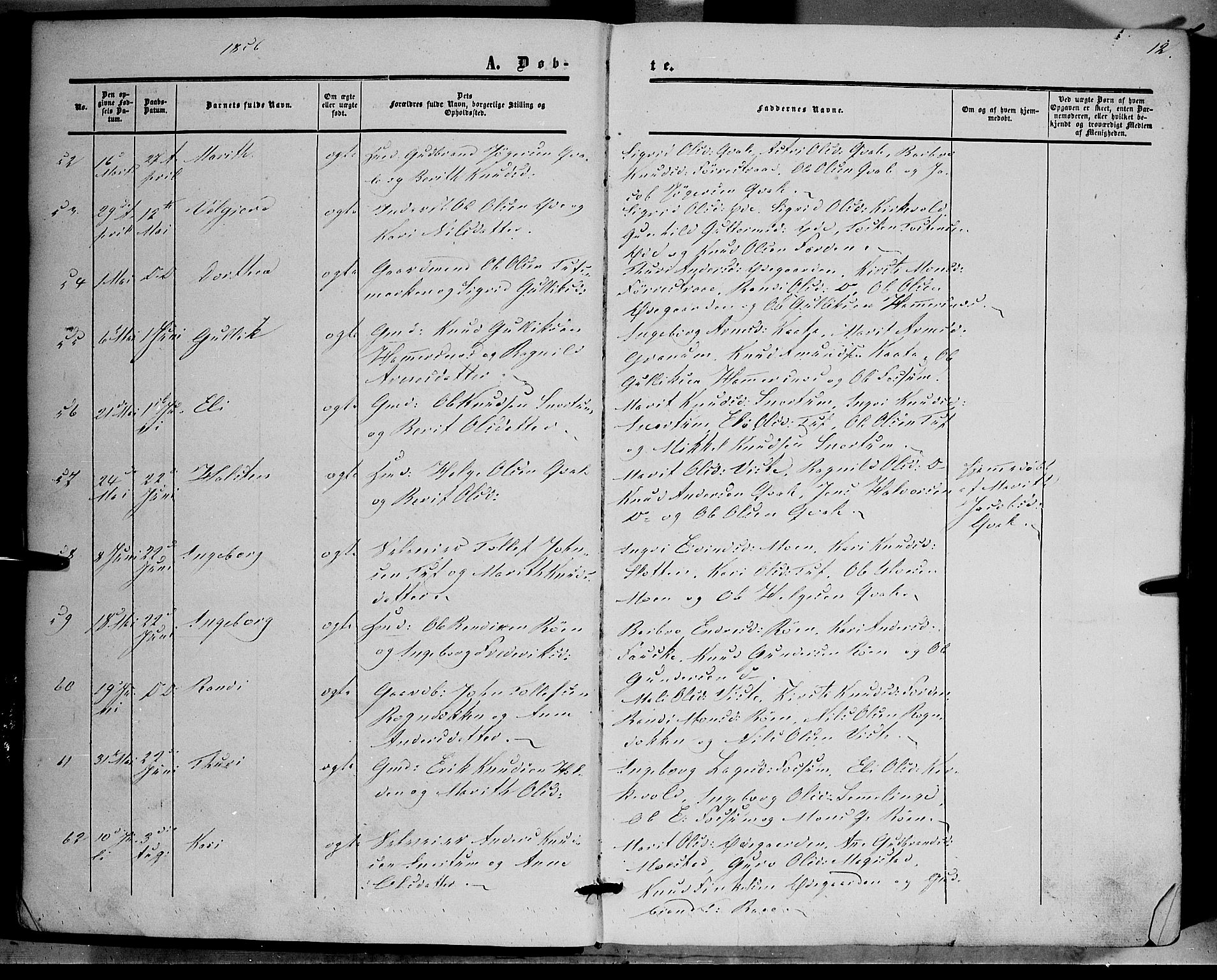 Vestre Slidre prestekontor, SAH/PREST-136/H/Ha/Haa/L0002: Parish register (official) no. 2, 1856-1864, p. 12