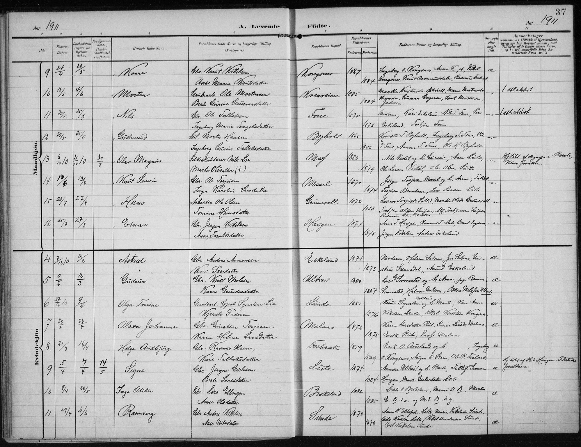 Gjerstad sokneprestkontor, SAK/1111-0014/F/Fa/Faa/L0011: Parish register (official) no. A 11, 1903-1914, p. 37