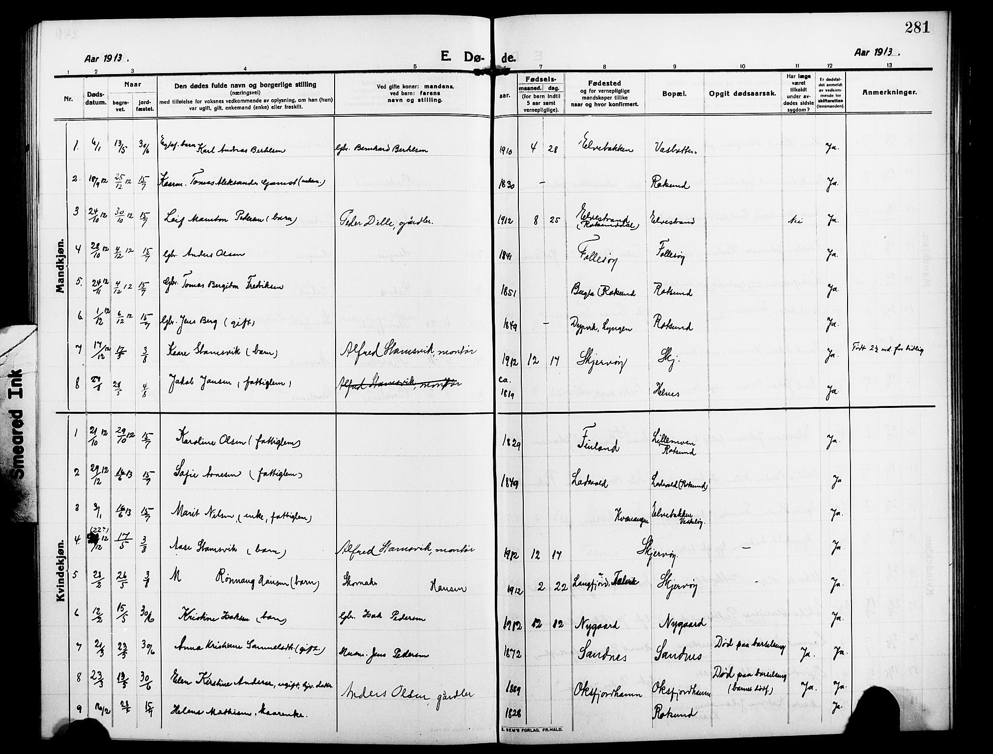 Skjervøy sokneprestkontor, AV/SATØ-S-1300/H/Ha/Hab/L0009klokker: Parish register (copy) no. 9, 1911-1926, p. 281