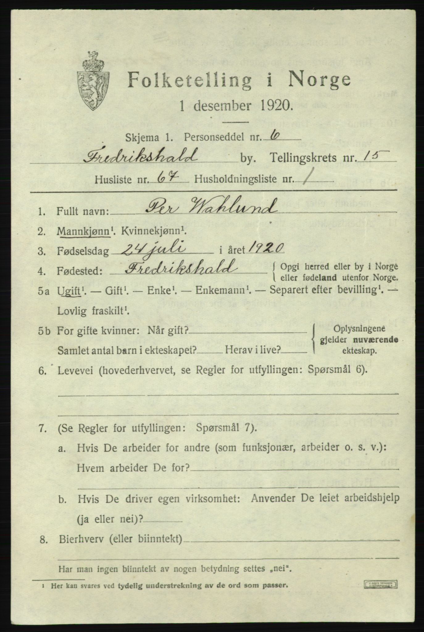 SAO, 1920 census for Fredrikshald, 1920, p. 24718