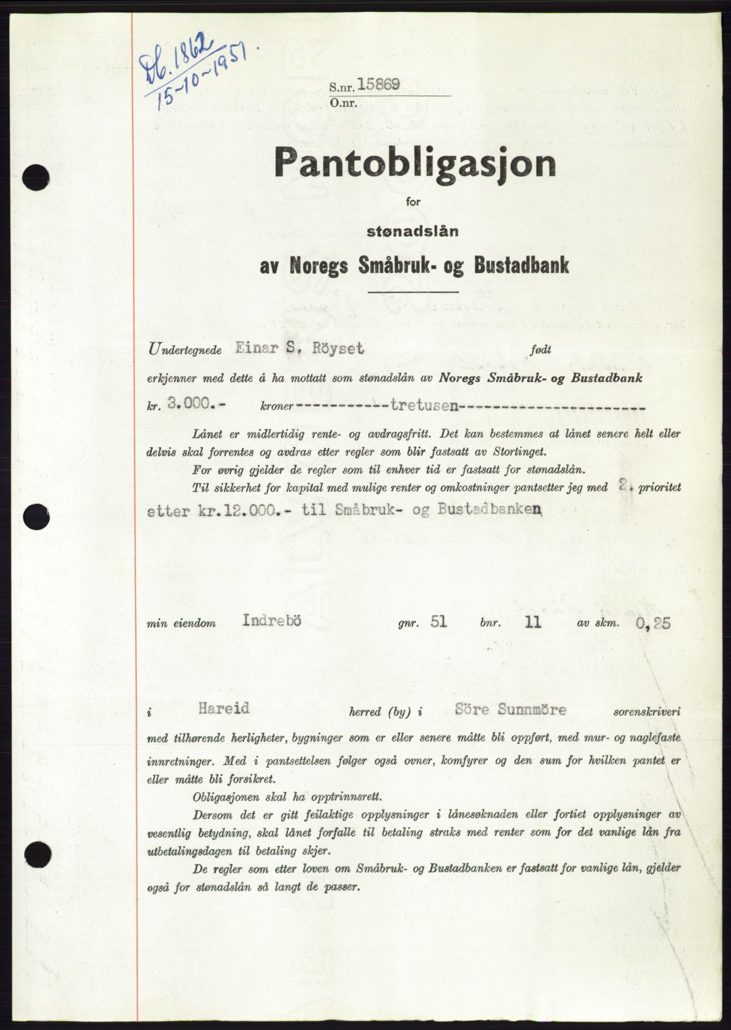 Søre Sunnmøre sorenskriveri, AV/SAT-A-4122/1/2/2C/L0120: Mortgage book no. 8B, 1951-1951, Diary no: : 1862/1951