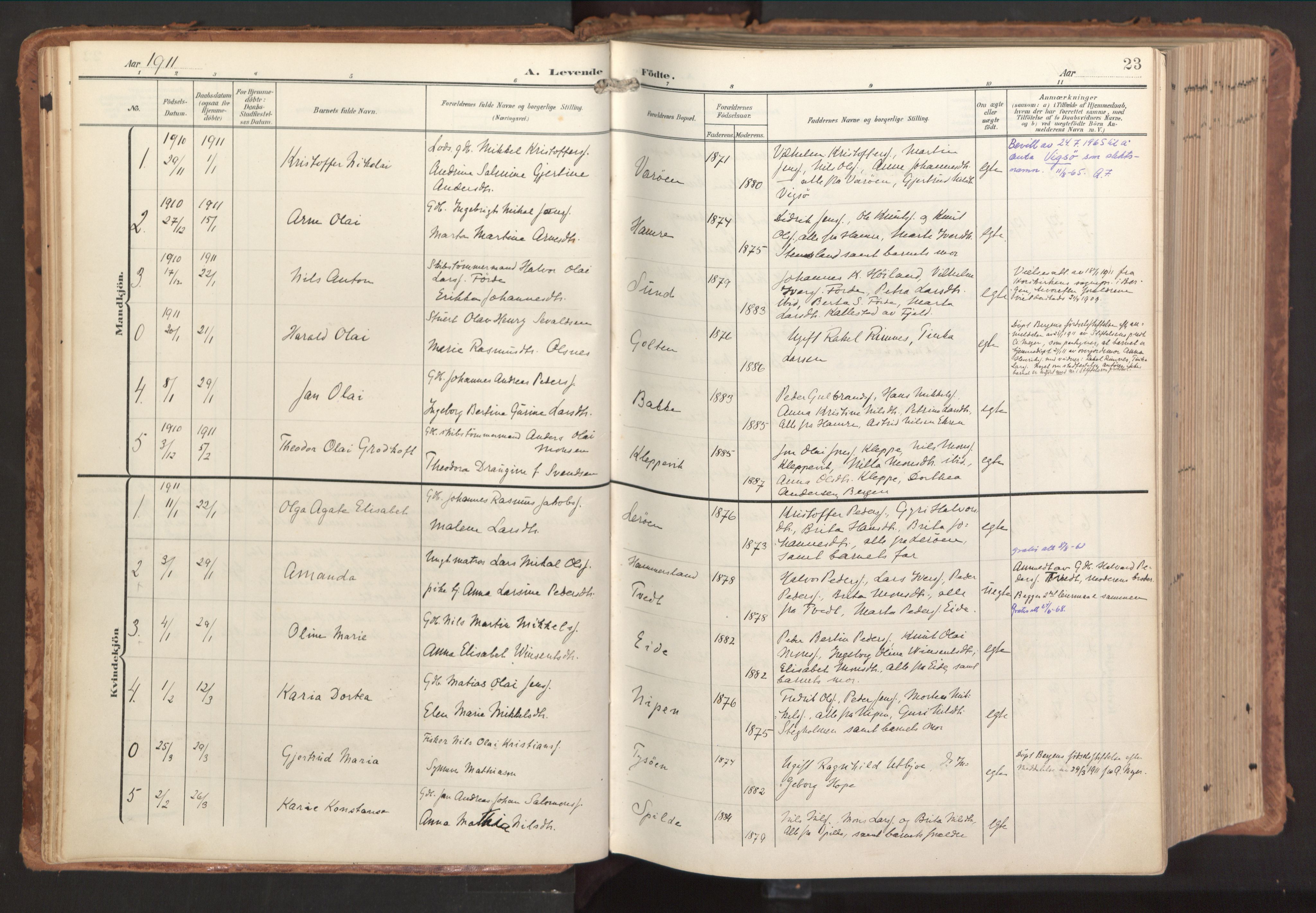 Sund sokneprestembete, AV/SAB-A-99930: Parish register (official) no. B 2, 1907-1926, p. 23