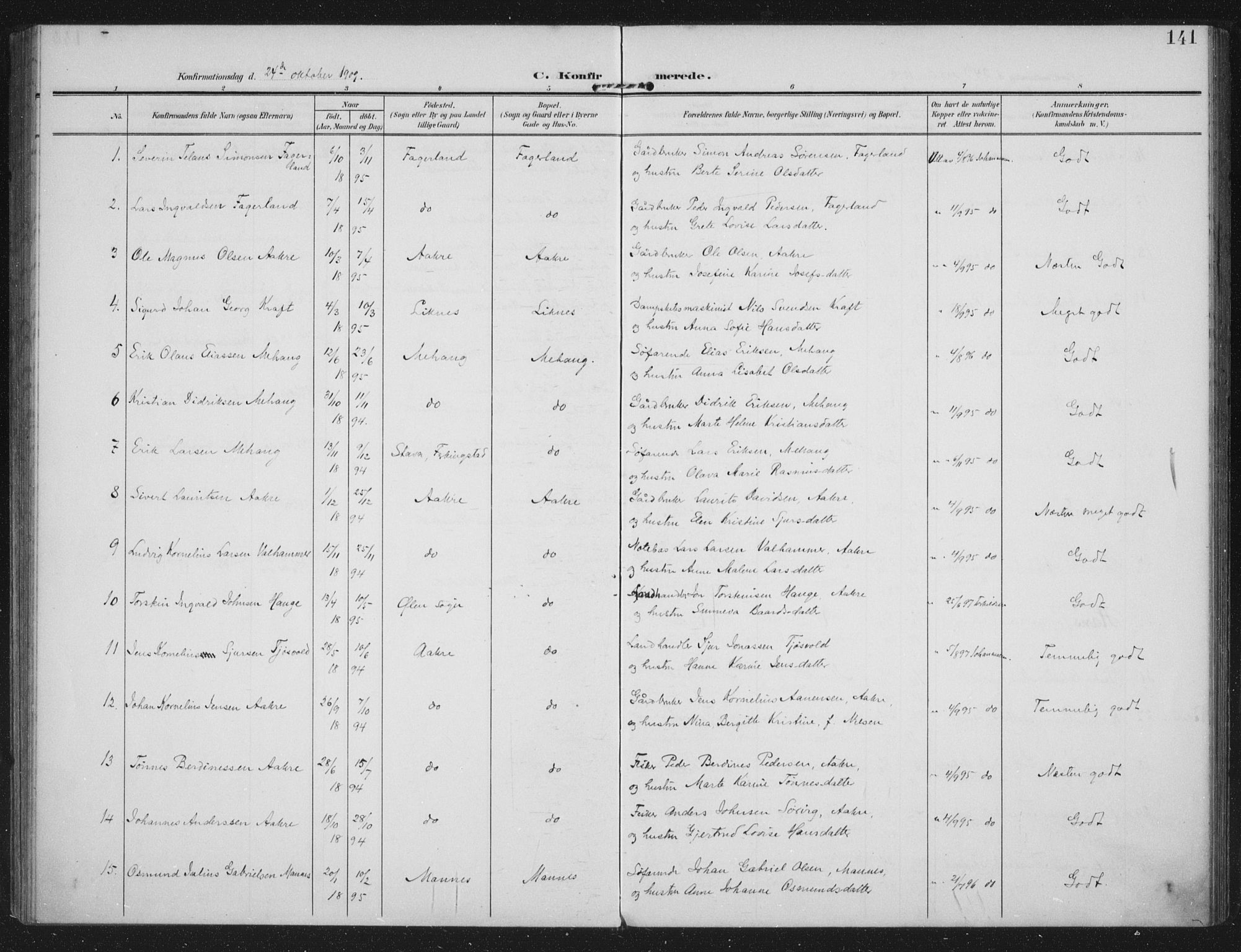 Kopervik sokneprestkontor, AV/SAST-A-101850/H/Ha/Haa/L0005: Parish register (official) no. A 5, 1906-1924, p. 141