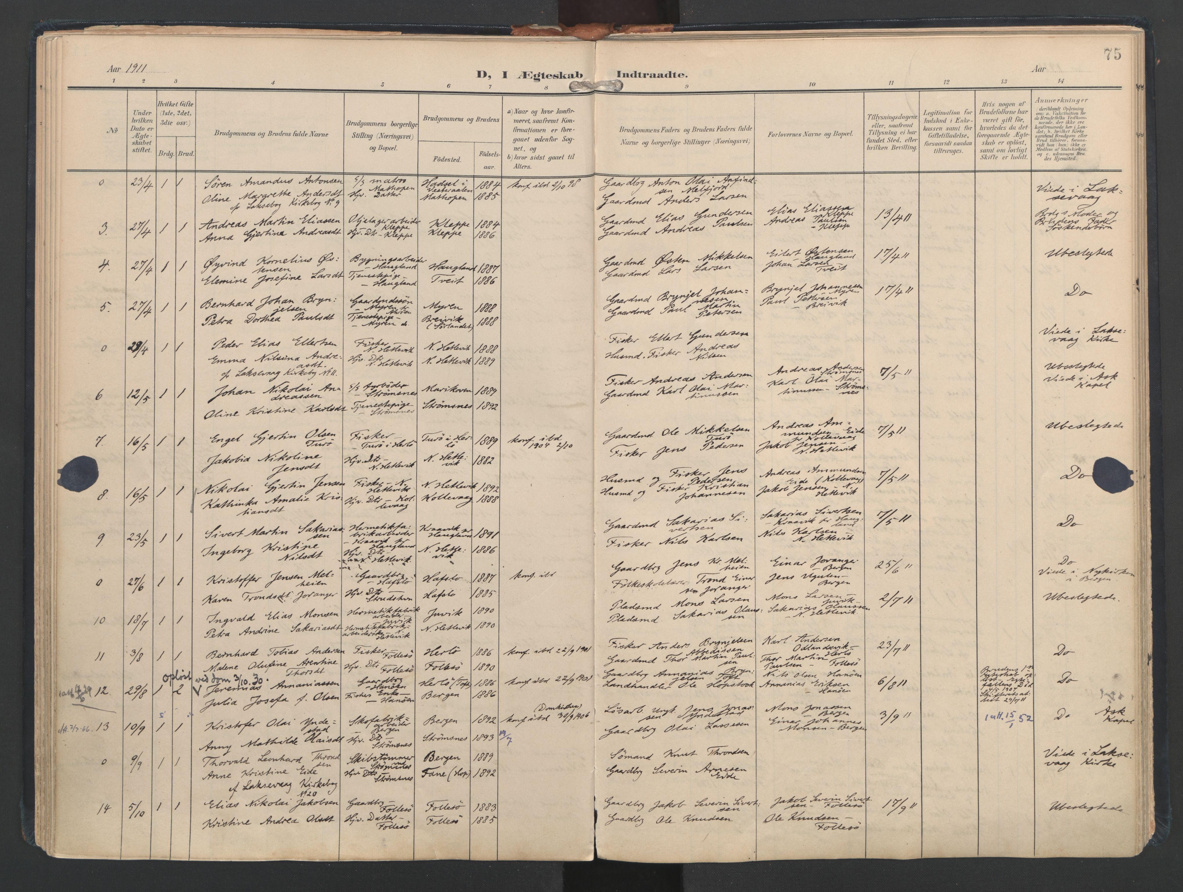 Askøy Sokneprestembete, SAB/A-74101/H/Ha/Haa/Haad/L0001: Parish register (official) no. D 1, 1902-1916, p. 75