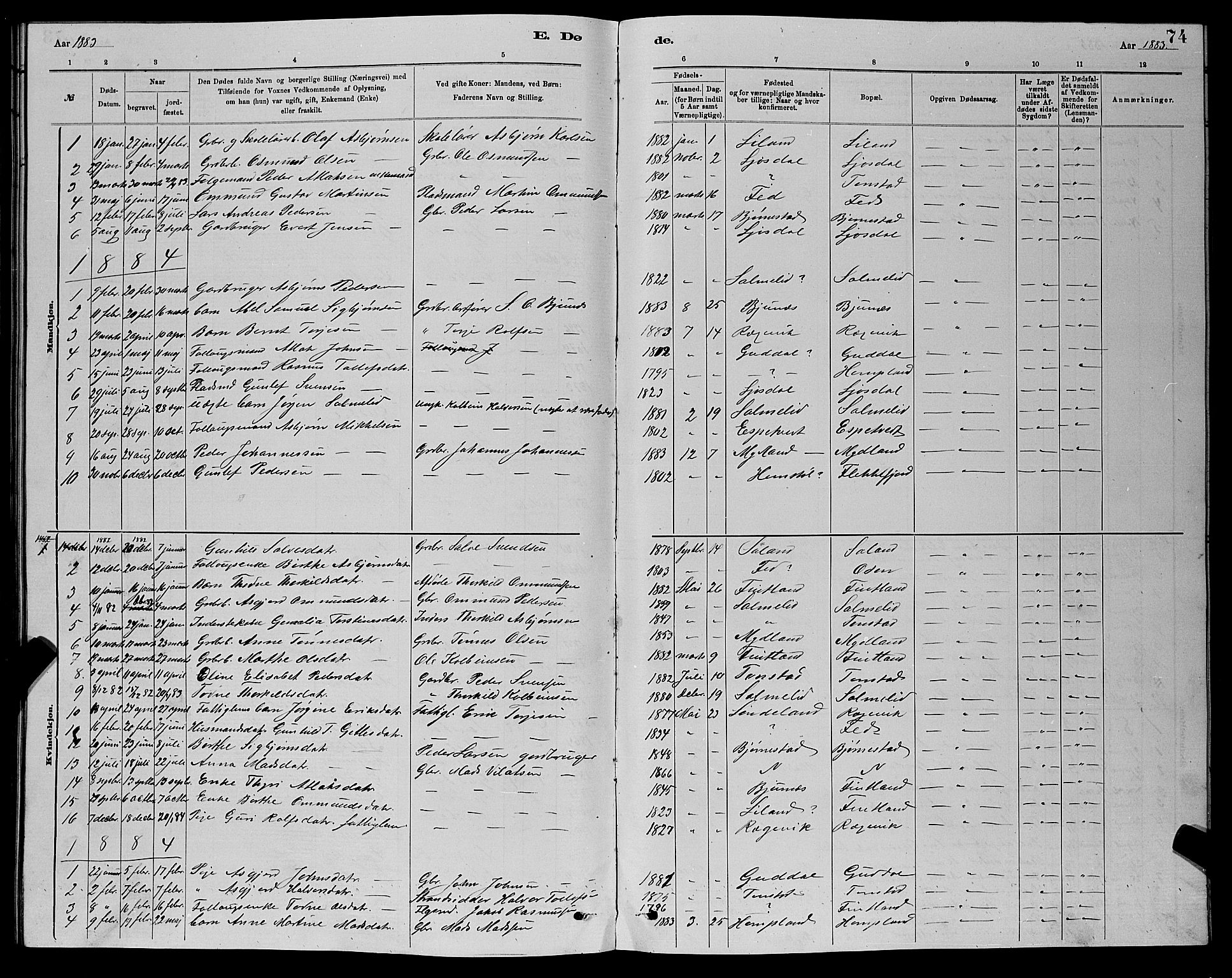 Sirdal sokneprestkontor, AV/SAK-1111-0036/F/Fb/Fbb/L0003: Parish register (copy) no. B 3, 1878-1894, p. 74