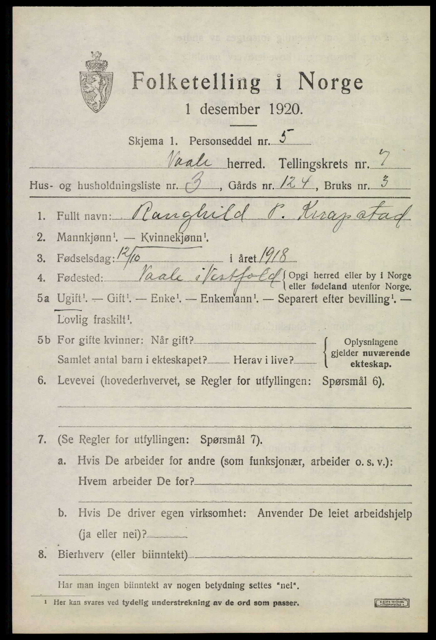 SAKO, 1920 census for Våle, 1920, p. 5528
