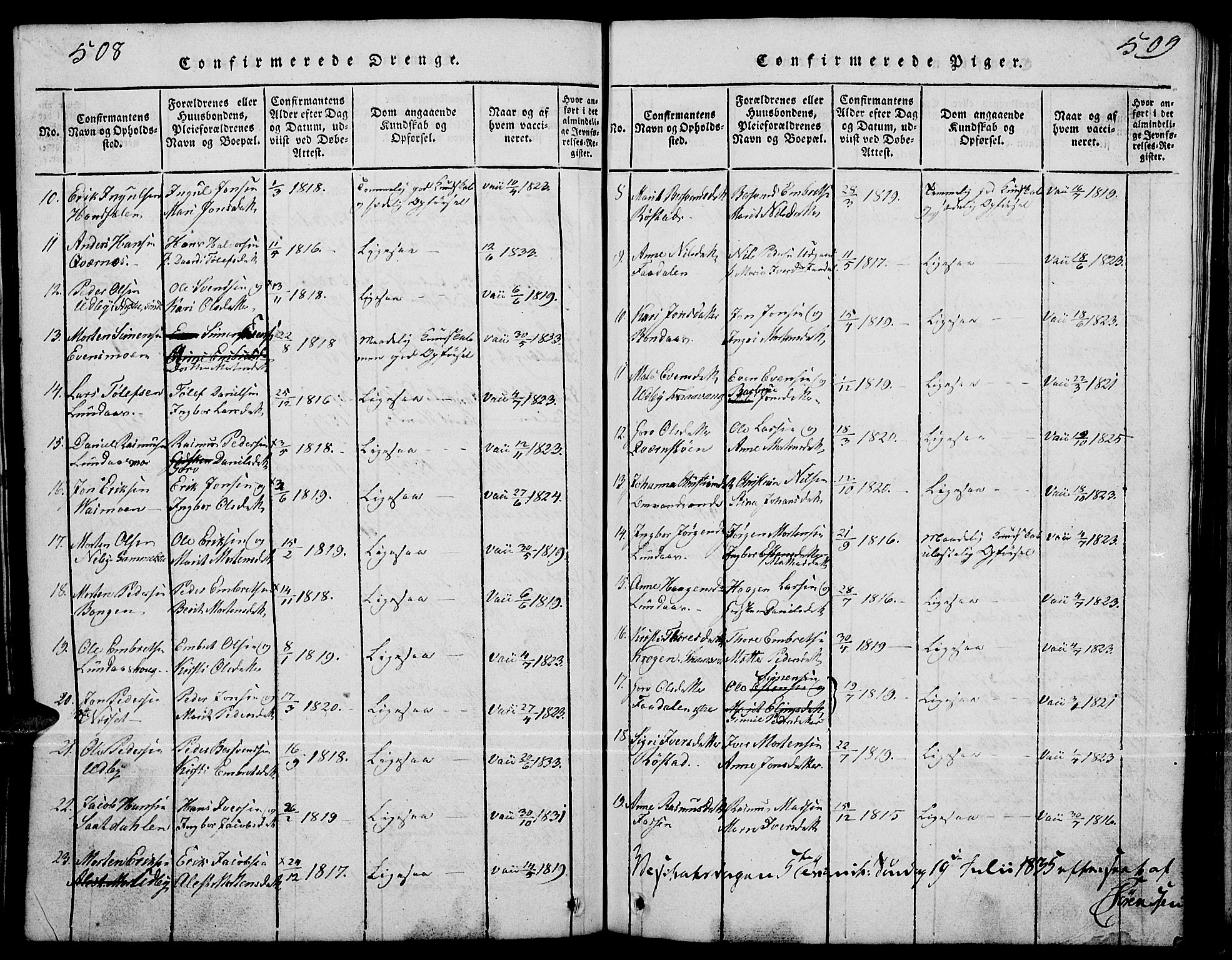 Tynset prestekontor, AV/SAH-PREST-058/H/Ha/Hab/L0001: Parish register (copy) no. 1, 1814-1859, p. 508-509