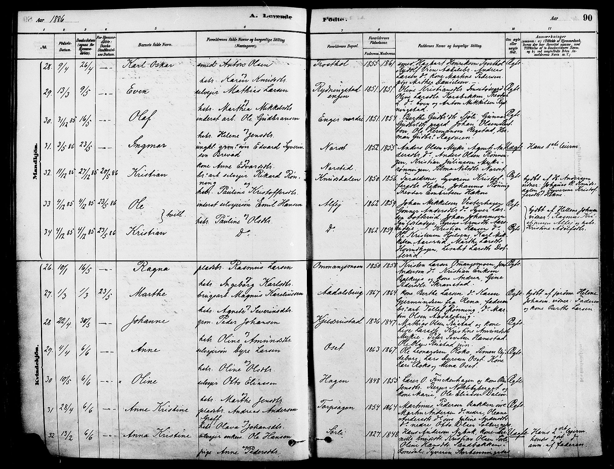 Løten prestekontor, AV/SAH-PREST-022/K/Ka/L0009: Parish register (official) no. 9, 1878-1891, p. 90