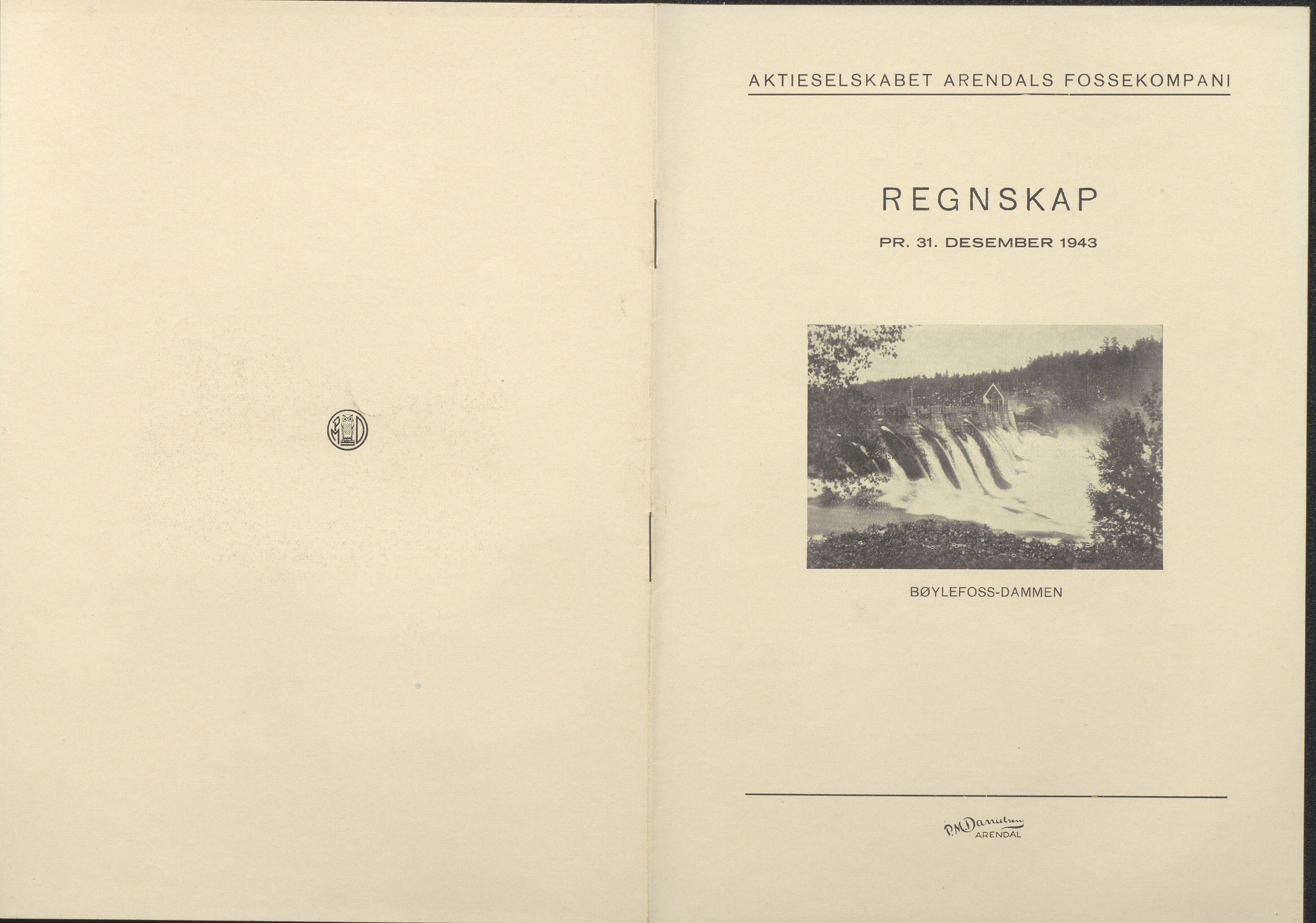 Arendals Fossekompani, AAKS/PA-2413/X/X01/L0001/0011: Beretninger, regnskap, balansekonto, gevinst- og tapskonto / Regnskap 1943 - 1944, 1943-1944