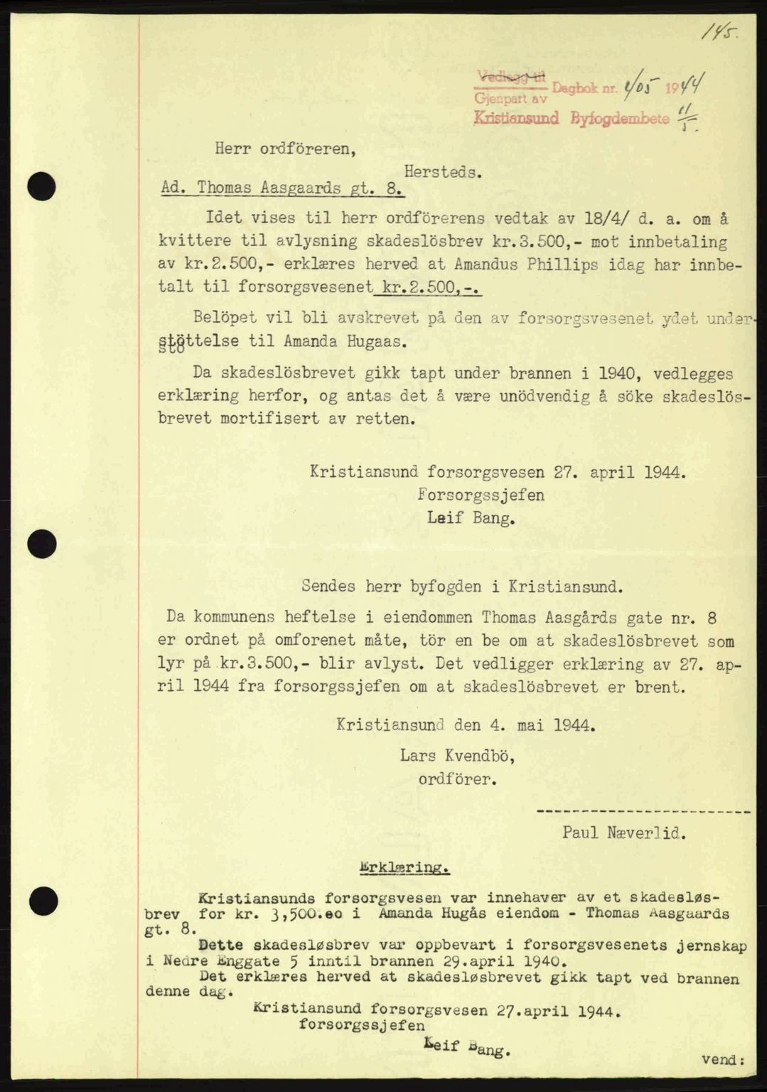 Kristiansund byfogd, SAT/A-4587/A/27: Mortgage book no. 37-38, 1943-1945, Diary no: : 405/1944