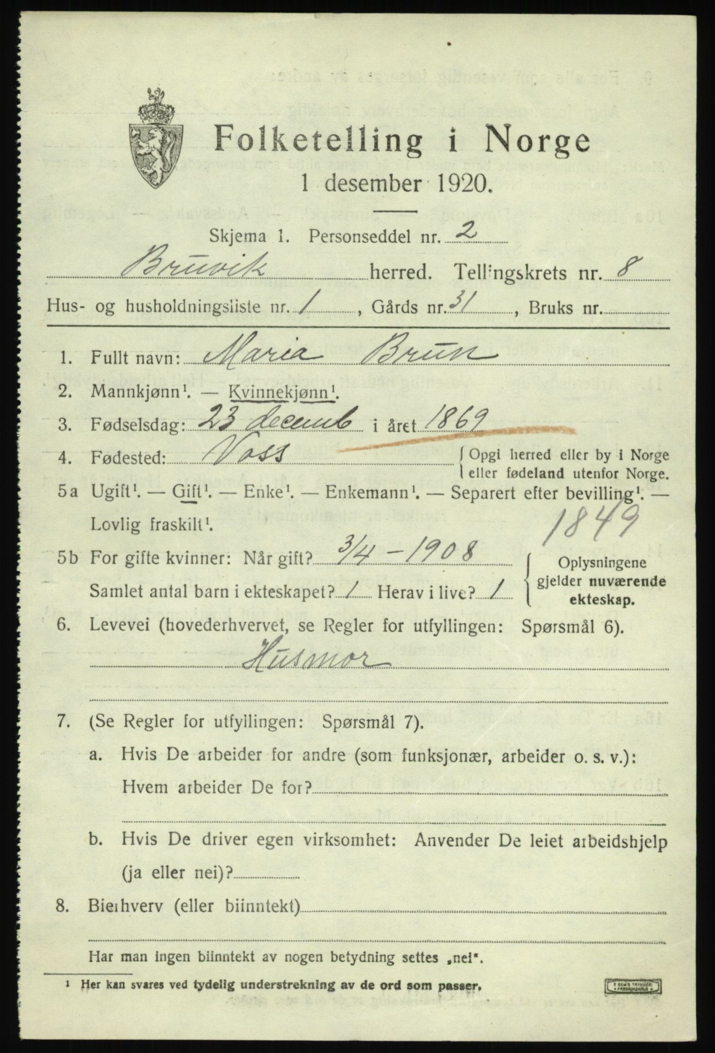 SAB, 1920 census for Bruvik, 1920, p. 5016