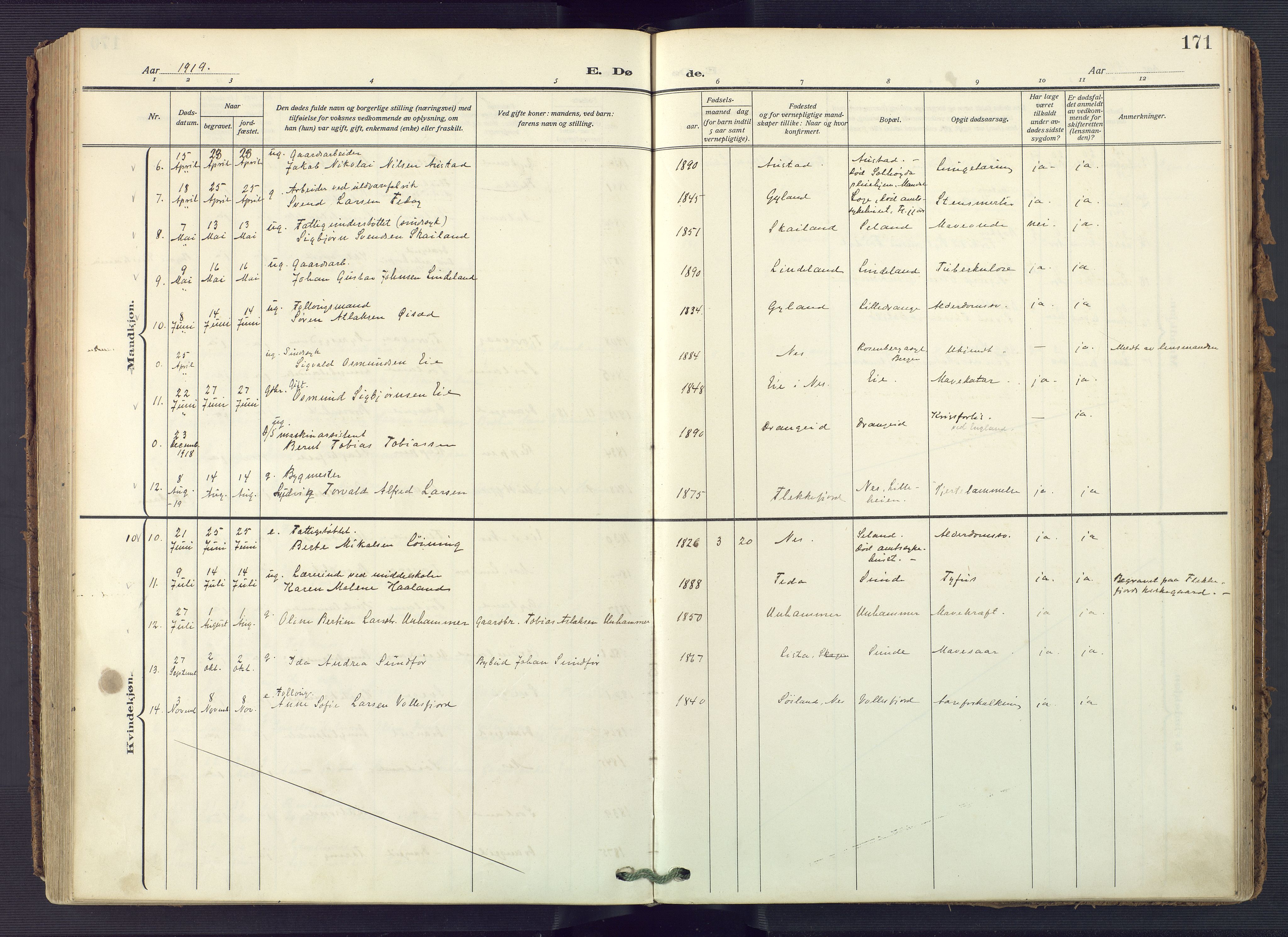 Flekkefjord sokneprestkontor, AV/SAK-1111-0012/F/Fa/Fac/L0010: Parish register (official) no. A 10, 1910-1927, p. 171