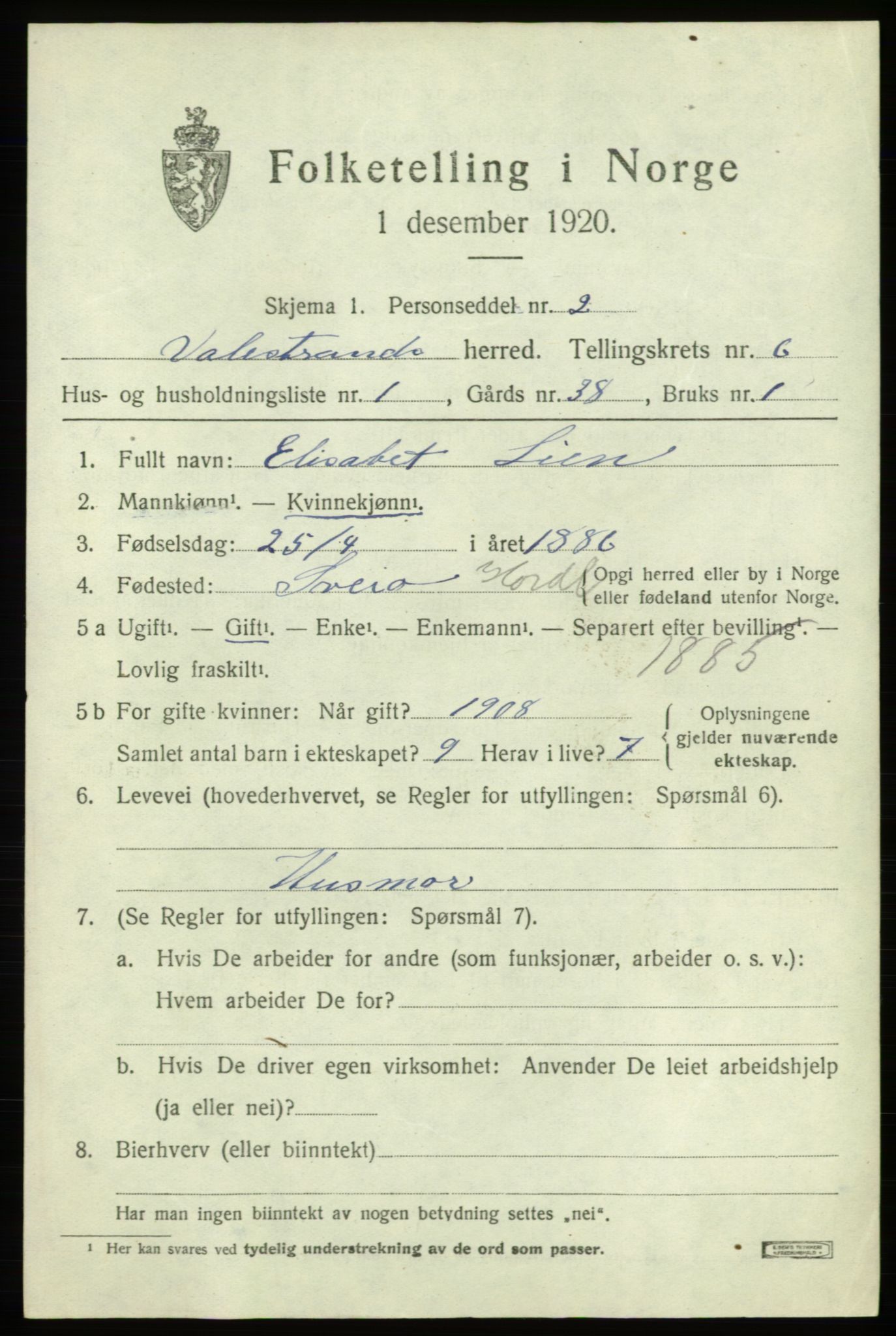 SAB, 1920 census for Valestrand, 1920, p. 2261