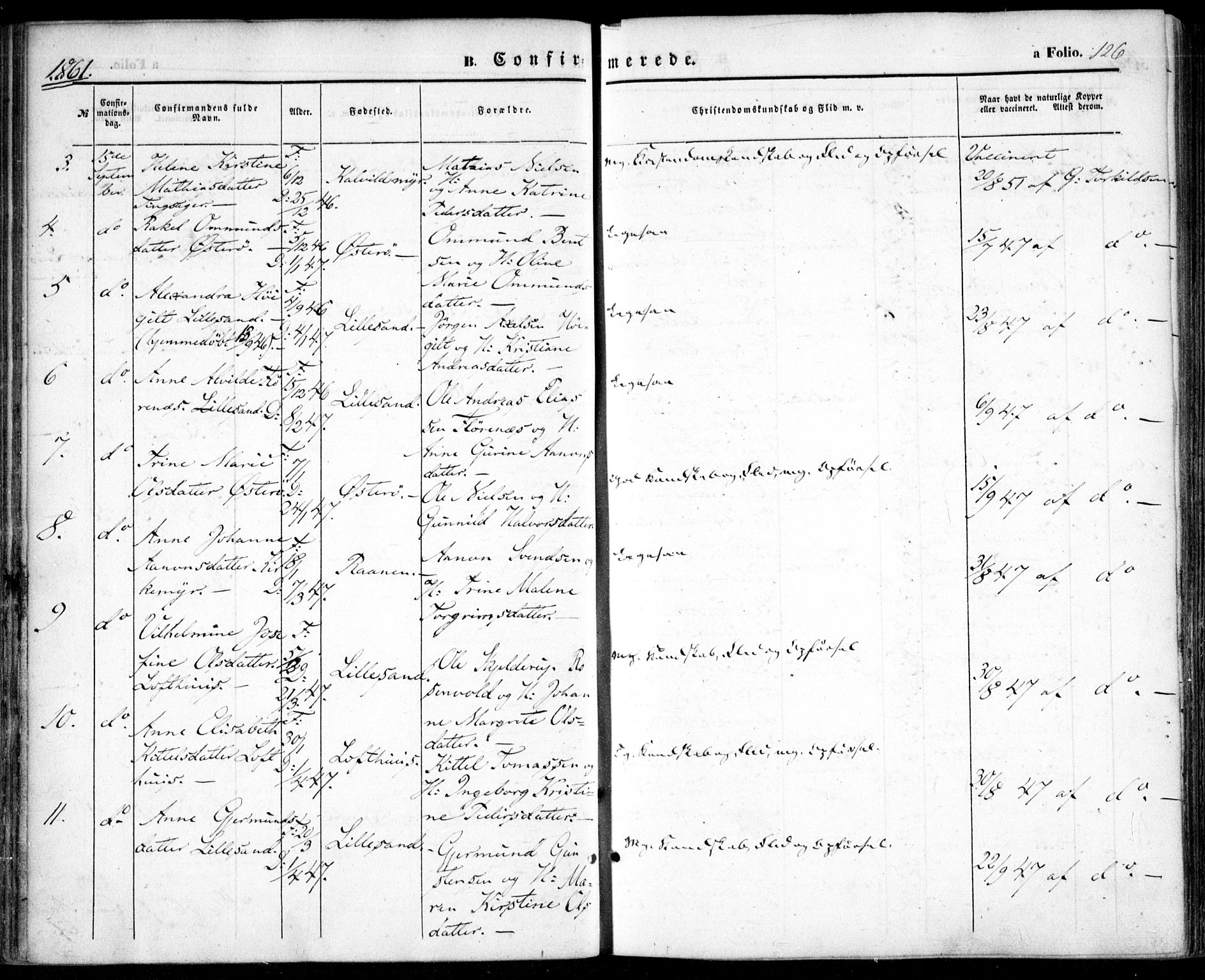 Vestre Moland sokneprestkontor, AV/SAK-1111-0046/F/Fa/Fab/L0007: Parish register (official) no. A 7, 1859-1872, p. 126