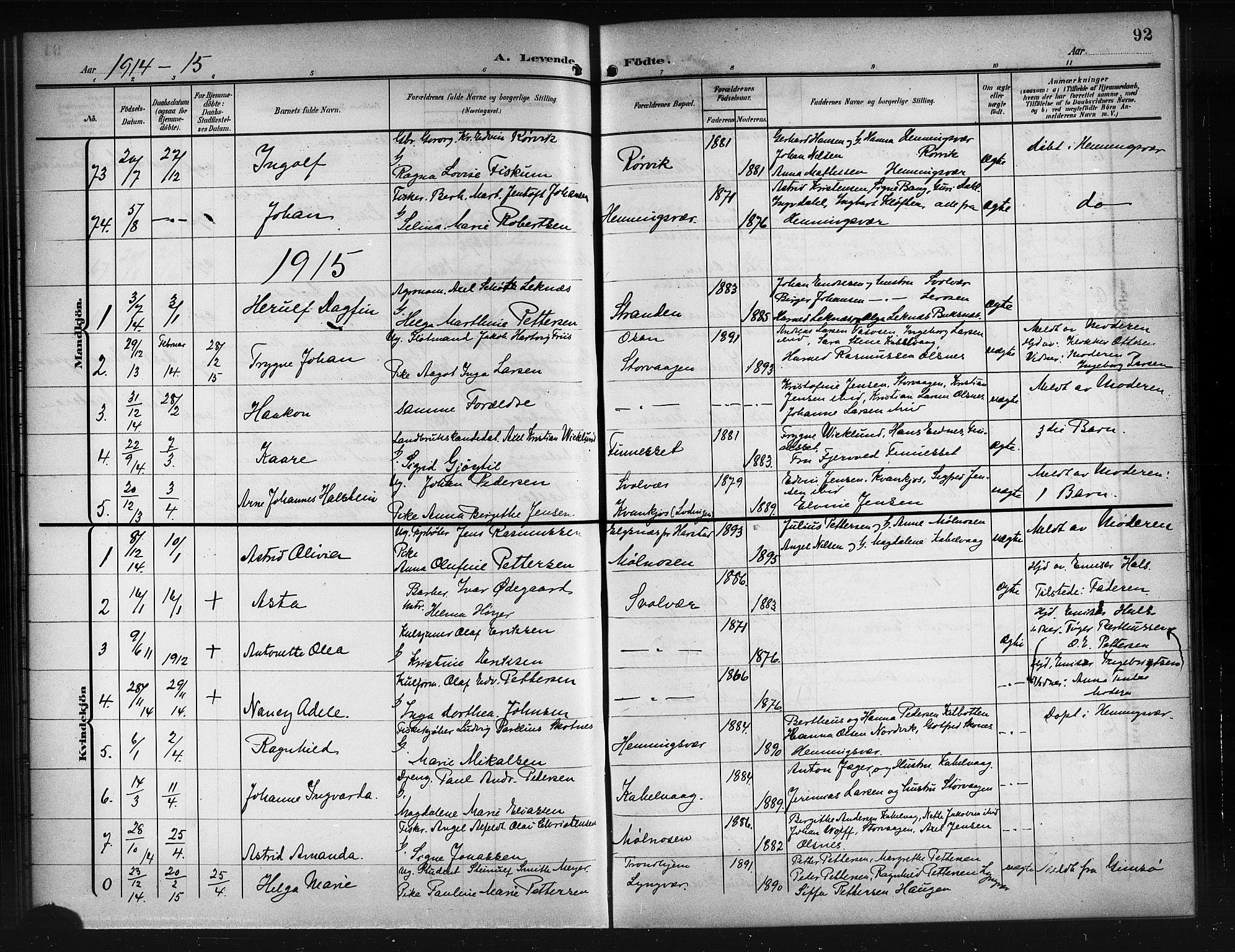 Ministerialprotokoller, klokkerbøker og fødselsregistre - Nordland, AV/SAT-A-1459/874/L1079: Parish register (copy) no. 874C08, 1907-1915, p. 92