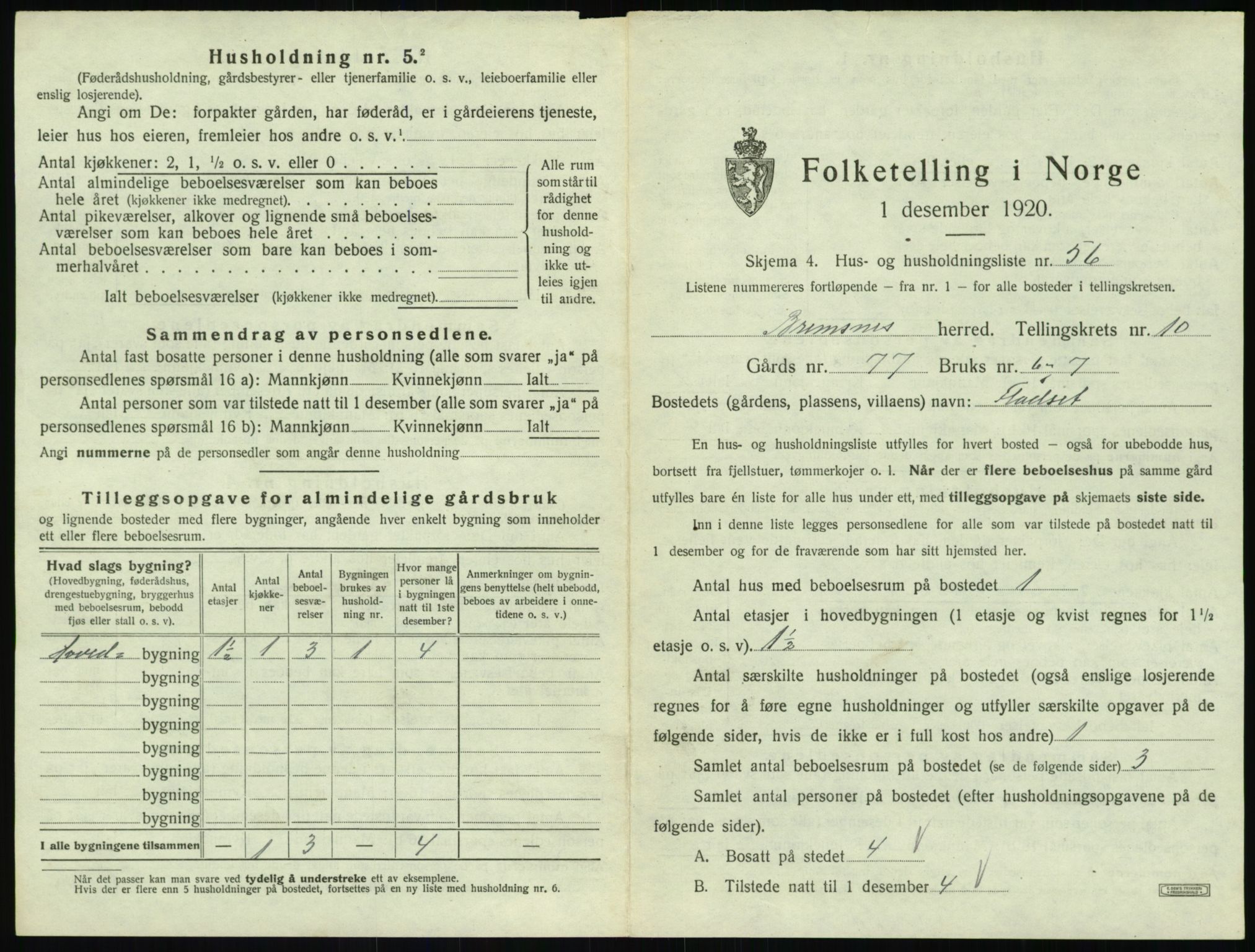 SAT, 1920 census for Bremsnes, 1920, p. 1277