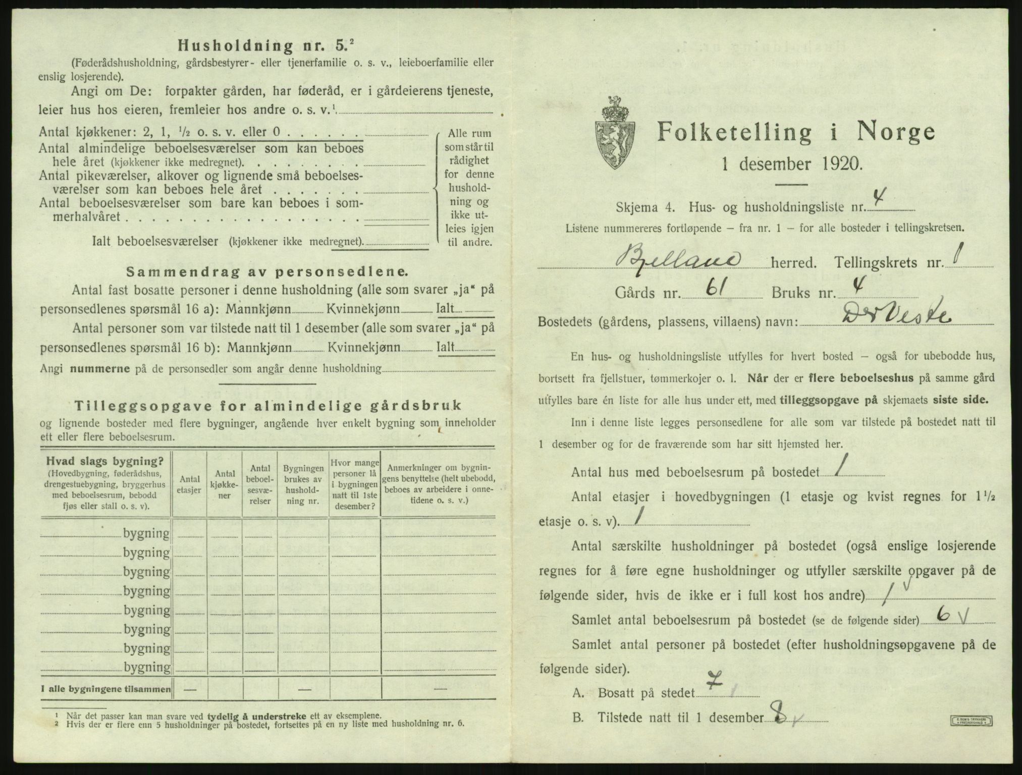 SAK, 1920 census for Bjelland, 1920, p. 45