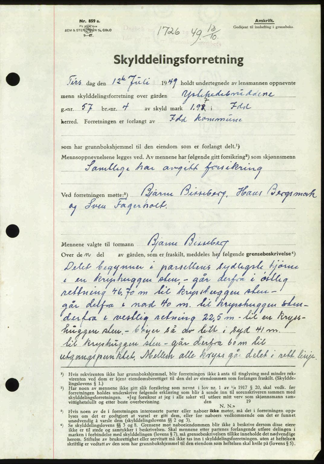 Idd og Marker sorenskriveri, AV/SAO-A-10283/G/Gb/Gbb/L0013: Mortgage book no. A13, 1949-1950, Diary no: : 1726/1949