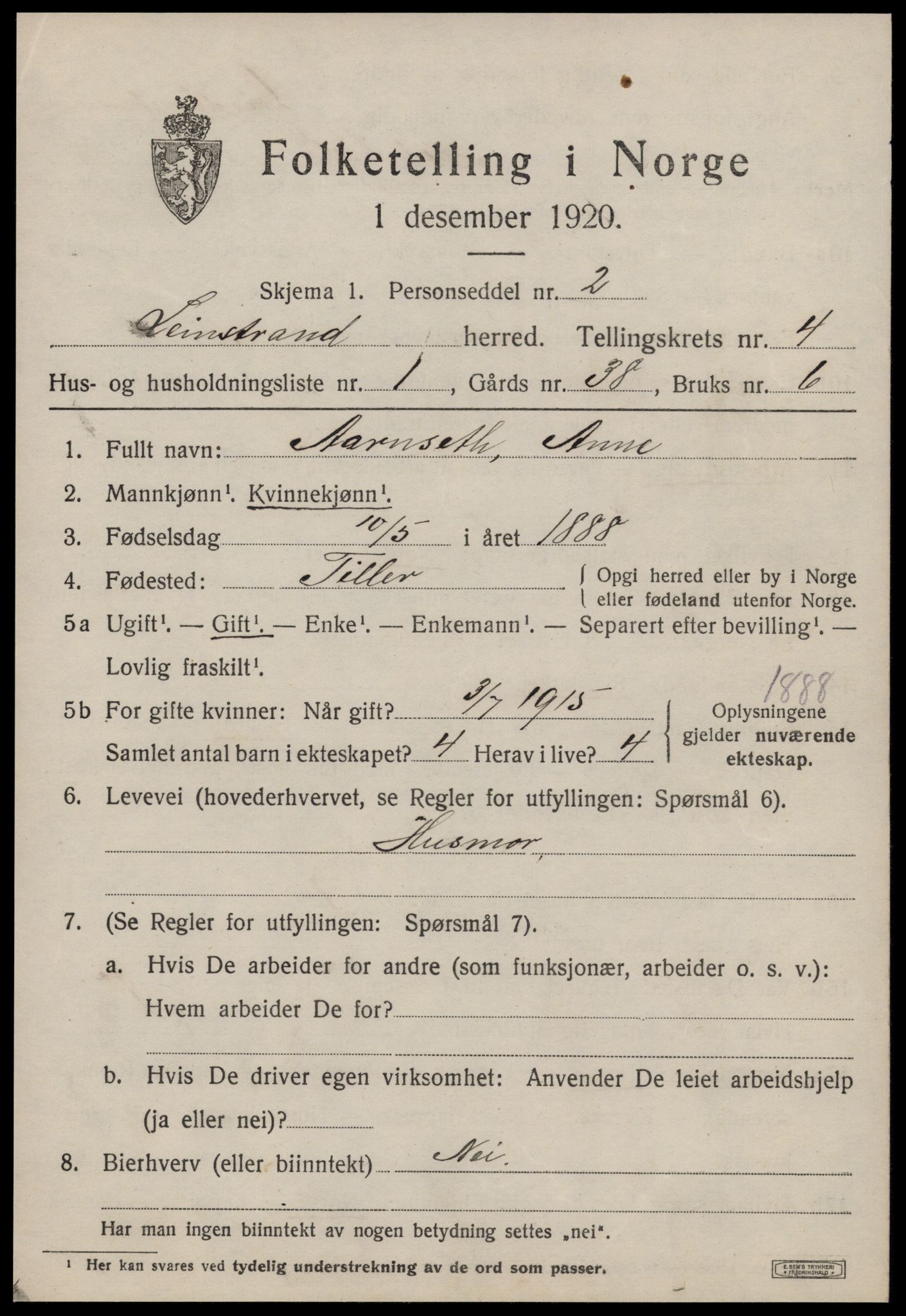 SAT, 1920 census for Leinstrand, 1920, p. 3805